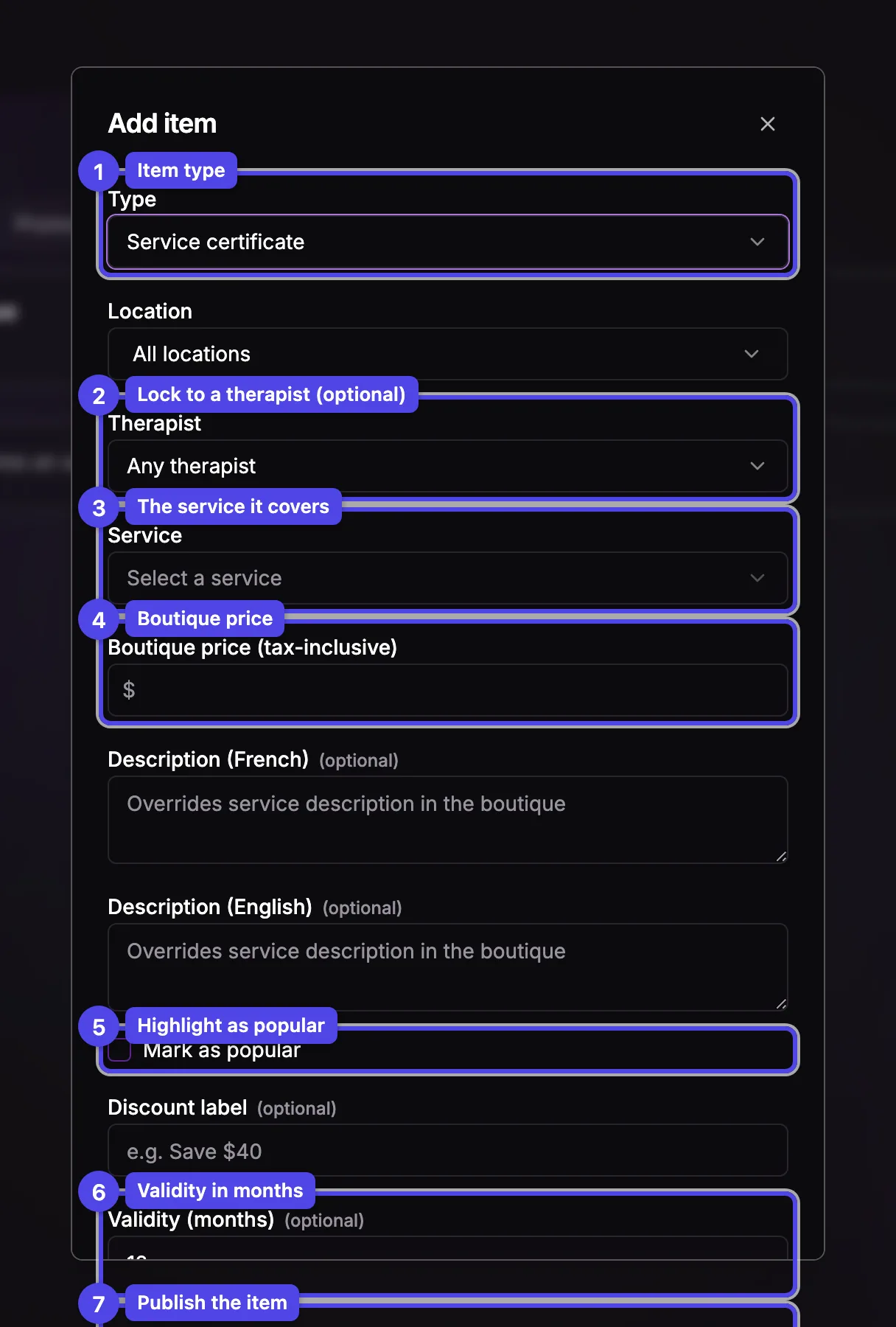 The boutique item editor on the Service certificate type: Type, Therapist, Service, Boutique price, Mark as popular, Validity, and the publish button