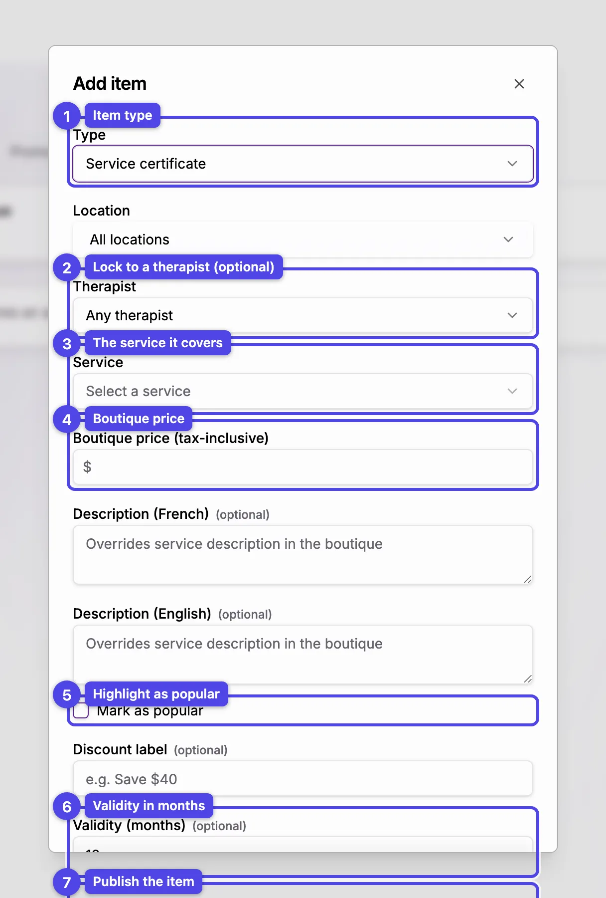 The boutique item editor on the Service certificate type: Type, Therapist, Service, Boutique price, Mark as popular, Validity, and the publish button