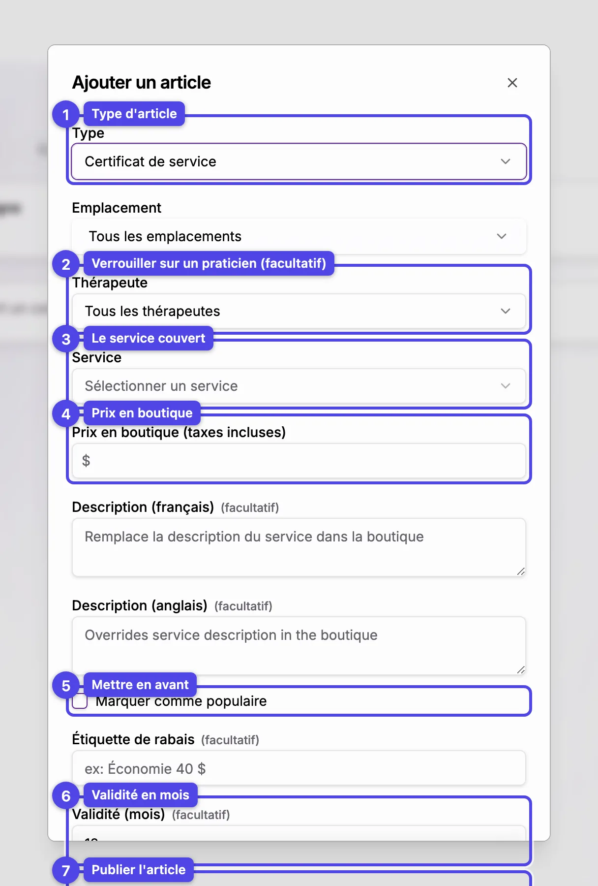 L'éditeur d'article de boutique pour le type Certificat de service : Type, Thérapeute, Service, Prix en boutique, Marquer comme populaire, Validité et le bouton de publication