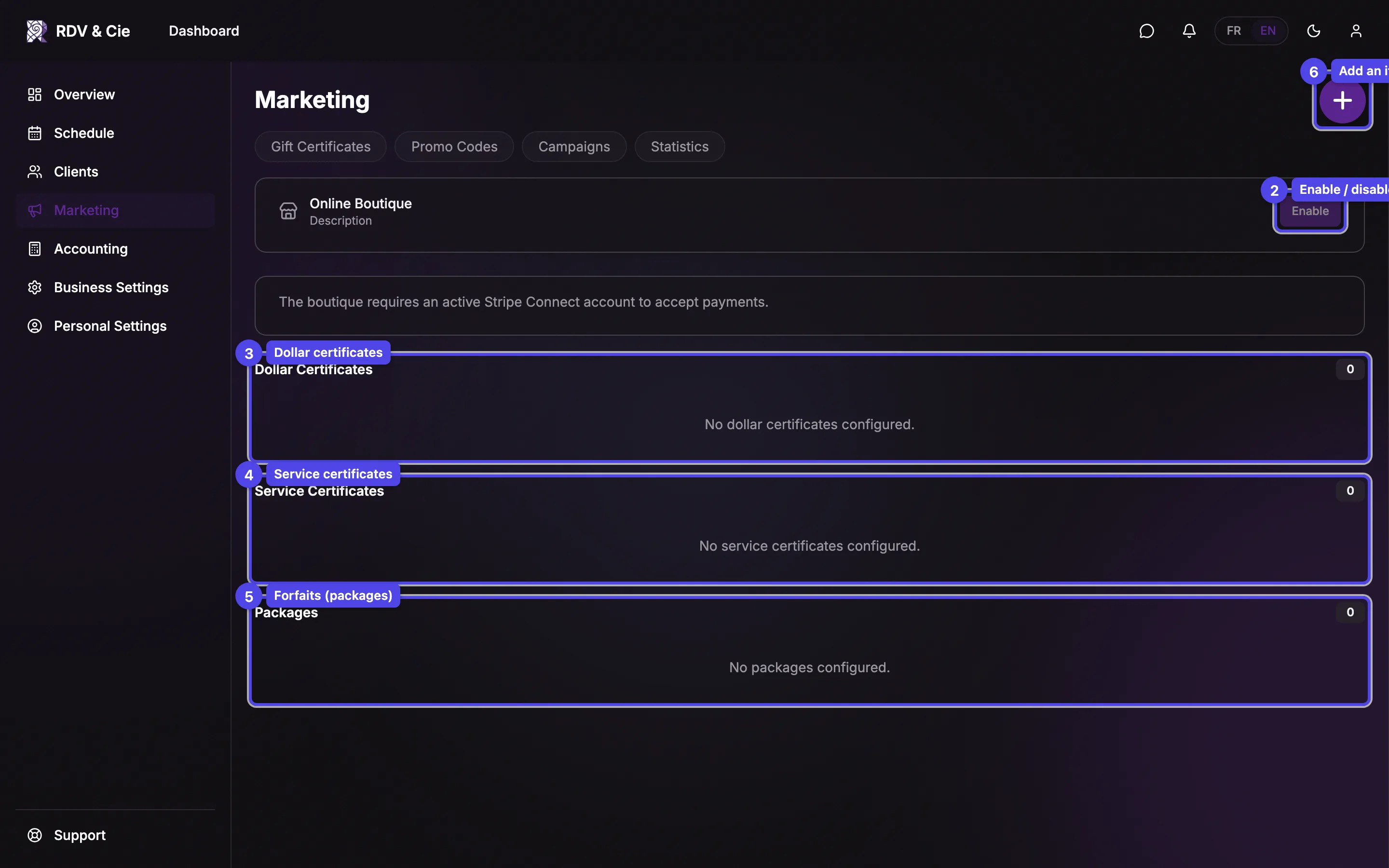 The boutique tab with the enable toggle, the dollar/service/forfait sections, and the add item button