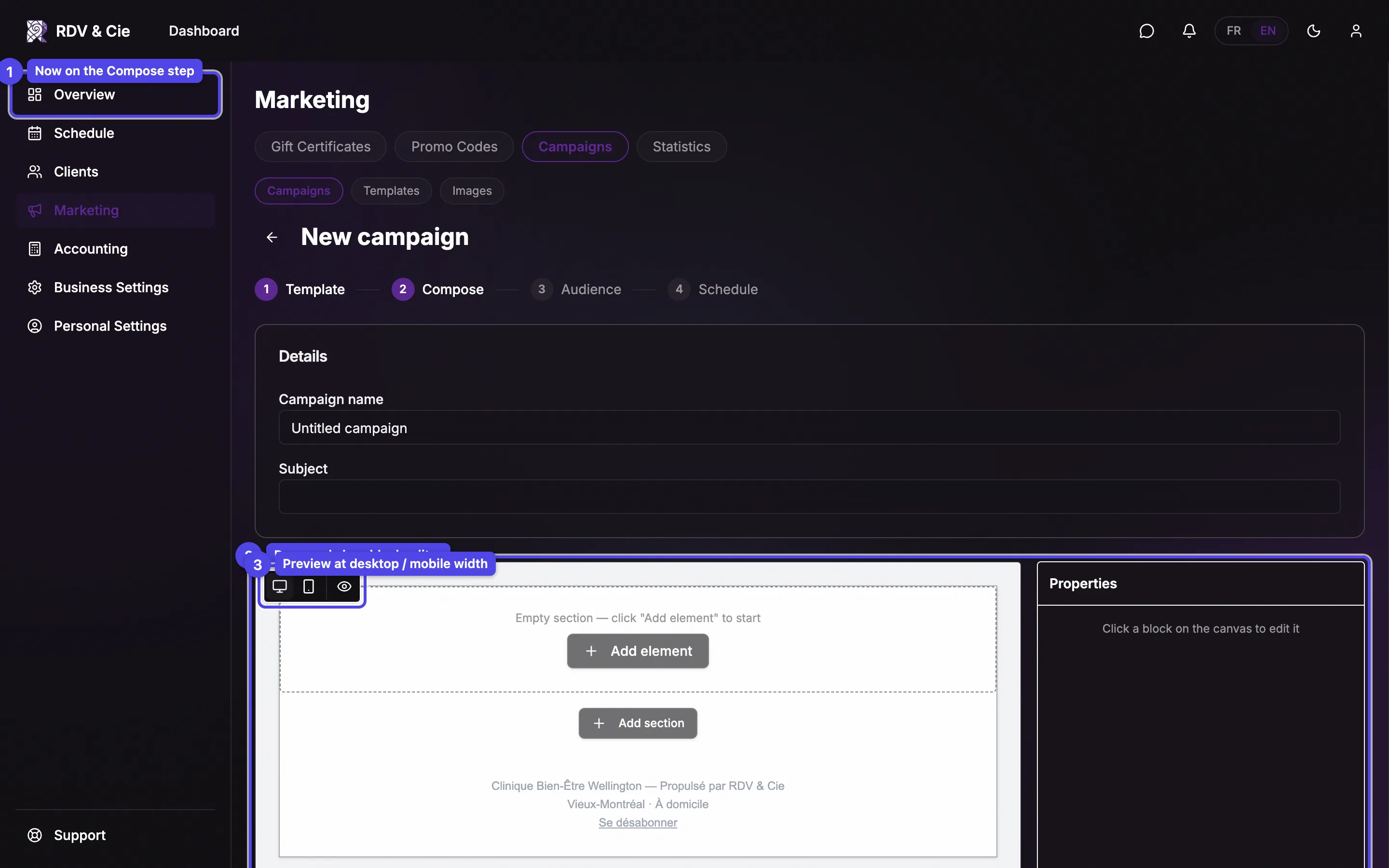 The compose step with the name and subject fields above the block-based email editor