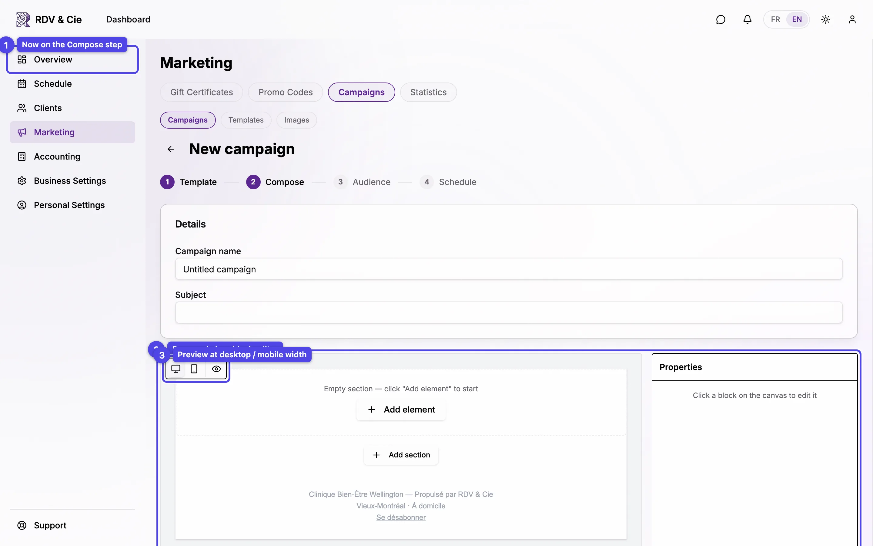 The compose step with the name and subject fields above the block-based email editor