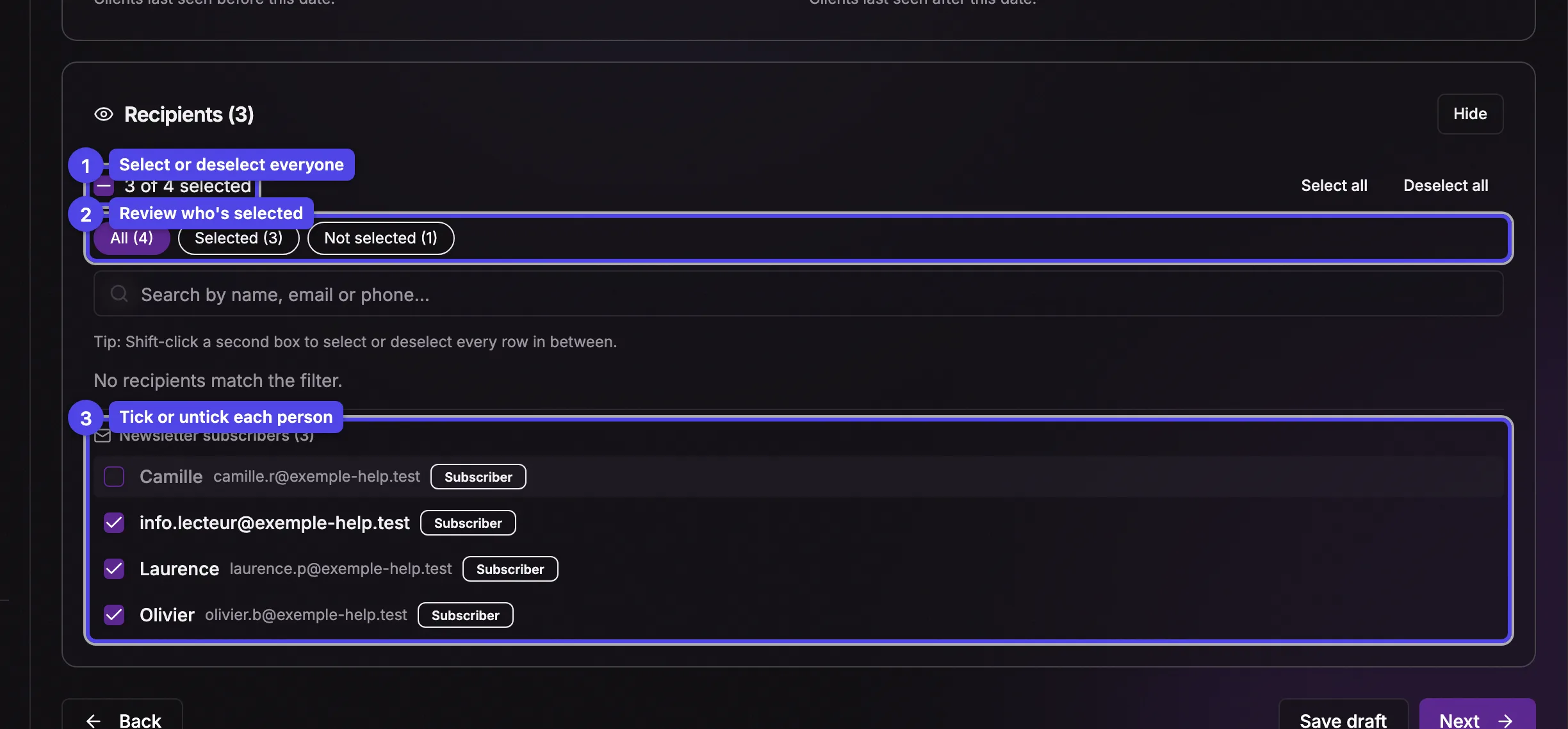 The open Recipients list: the select-all checkbox with the selected count, the All / Selected / Not selected views and a checkbox on each name