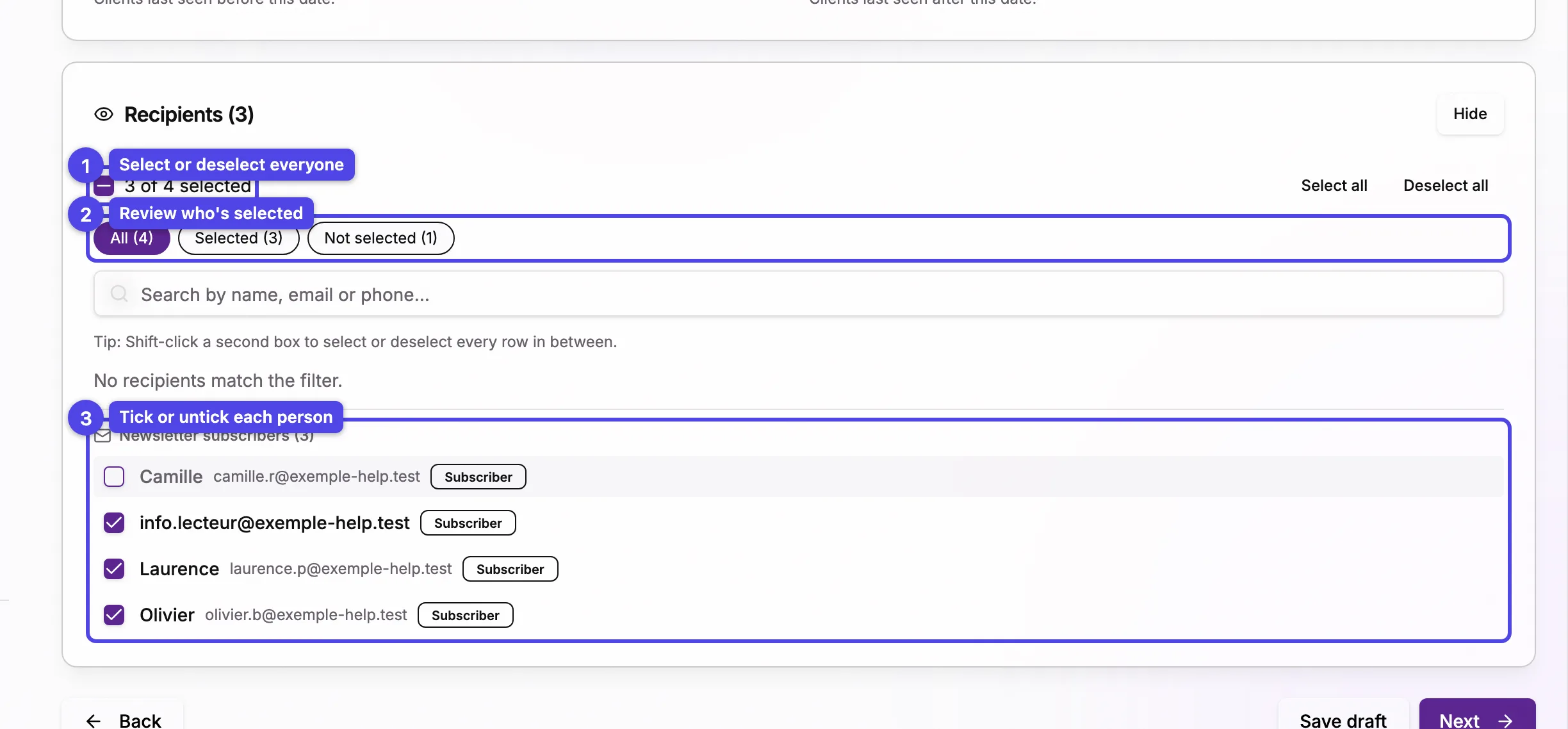 The open Recipients list: the select-all checkbox with the selected count, the All / Selected / Not selected views and a checkbox on each name