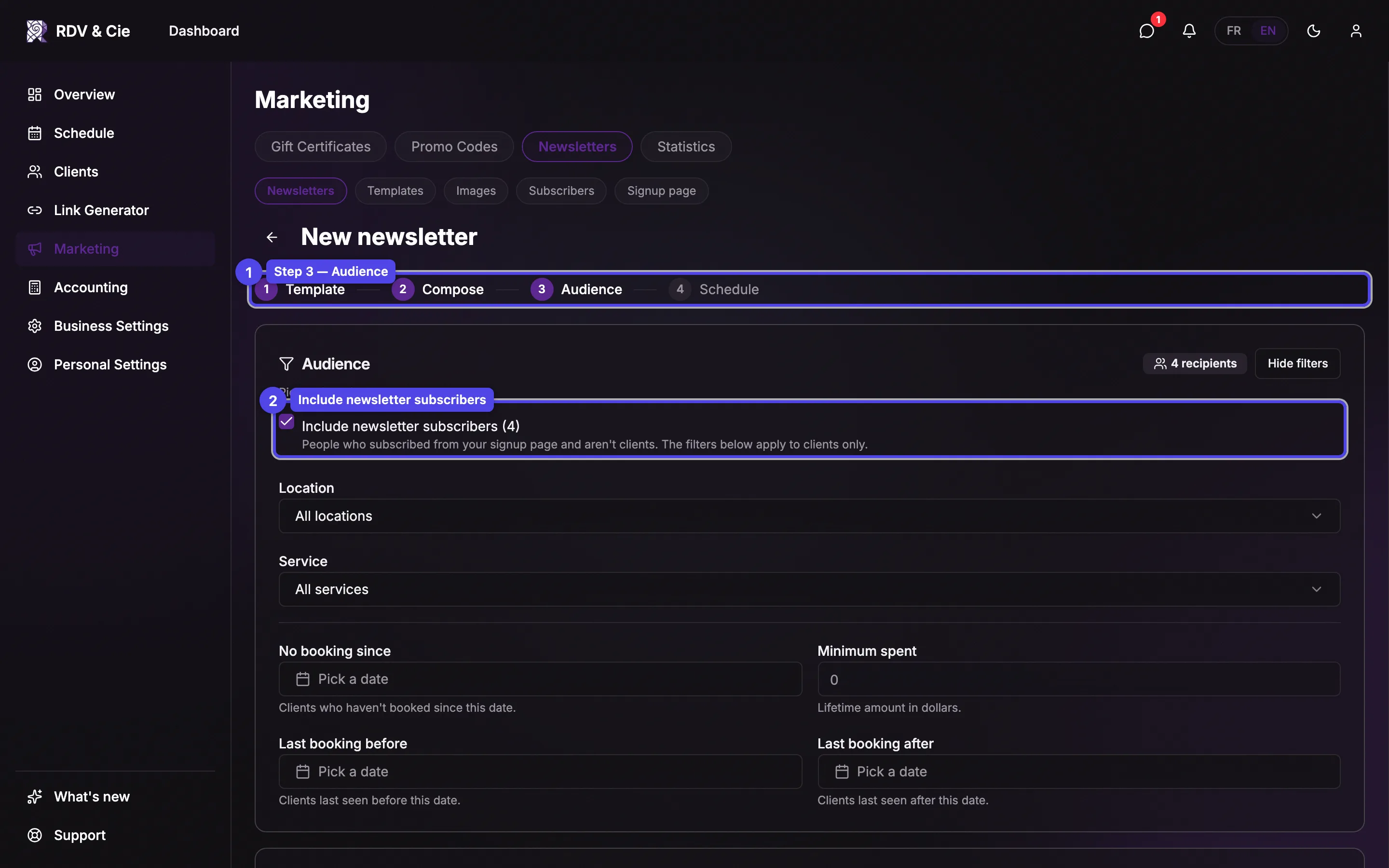 The audience step with the Include newsletter subscribers checkbox above the audience filters