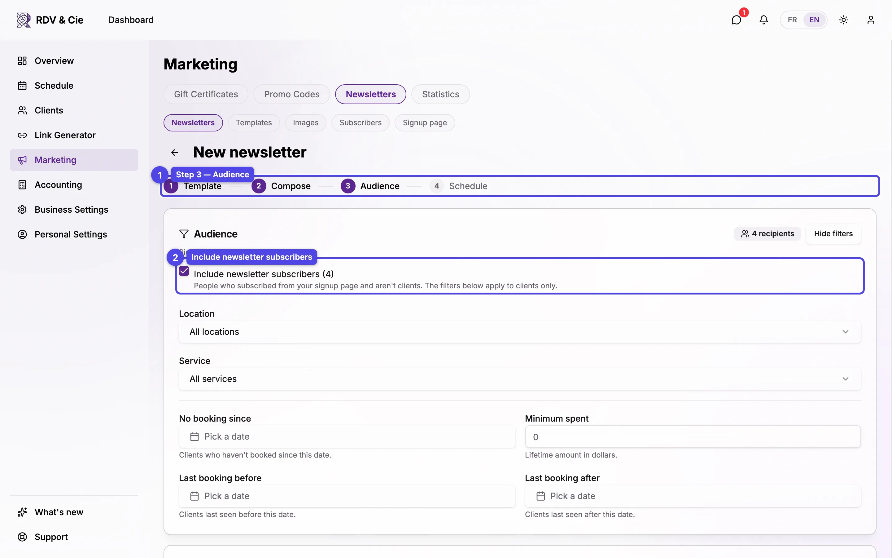 The audience step with the Include newsletter subscribers checkbox above the audience filters