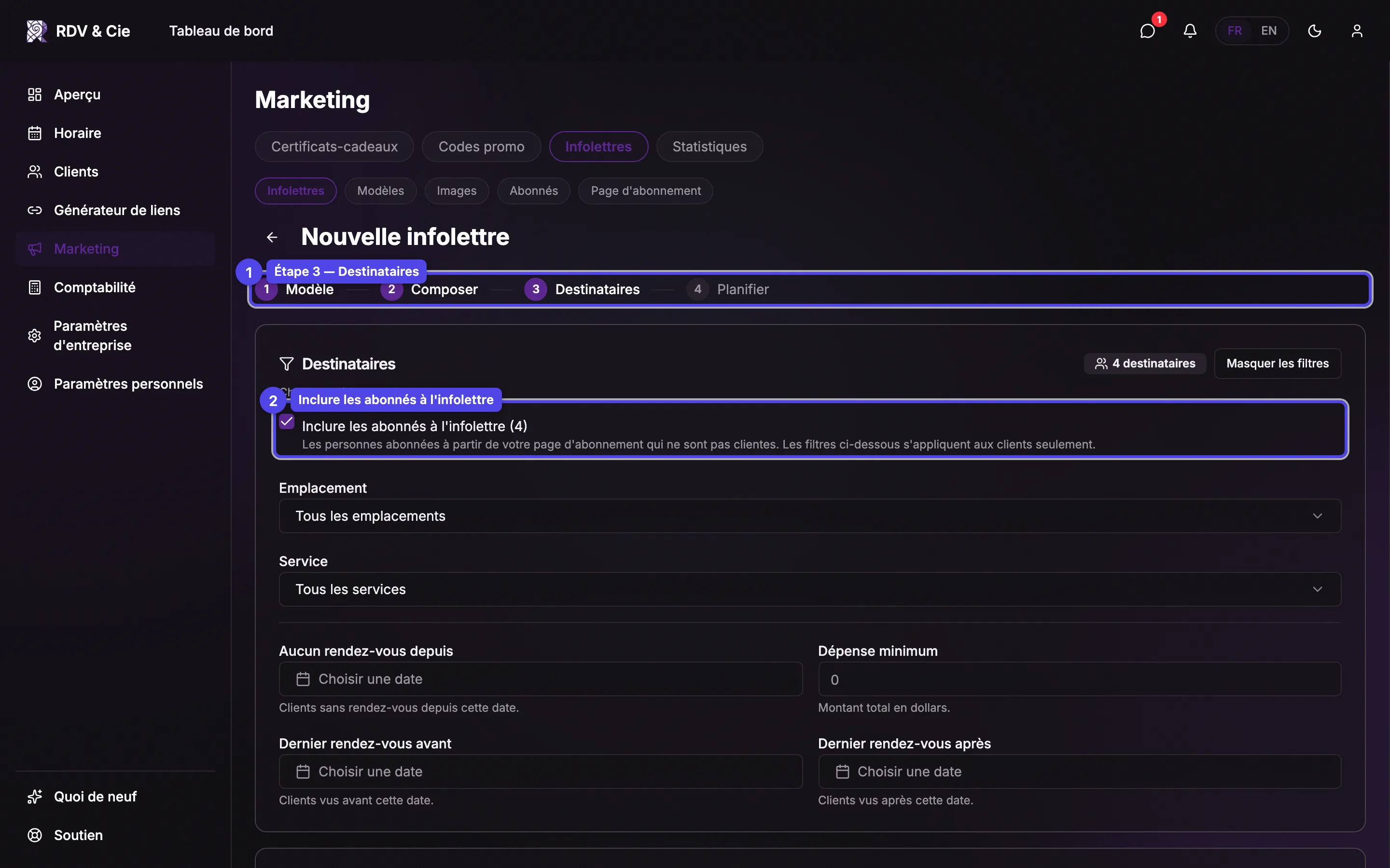 L'étape Destinataires avec la case Inclure les abonnés à l'infolettre au-dessus des filtres d'audience