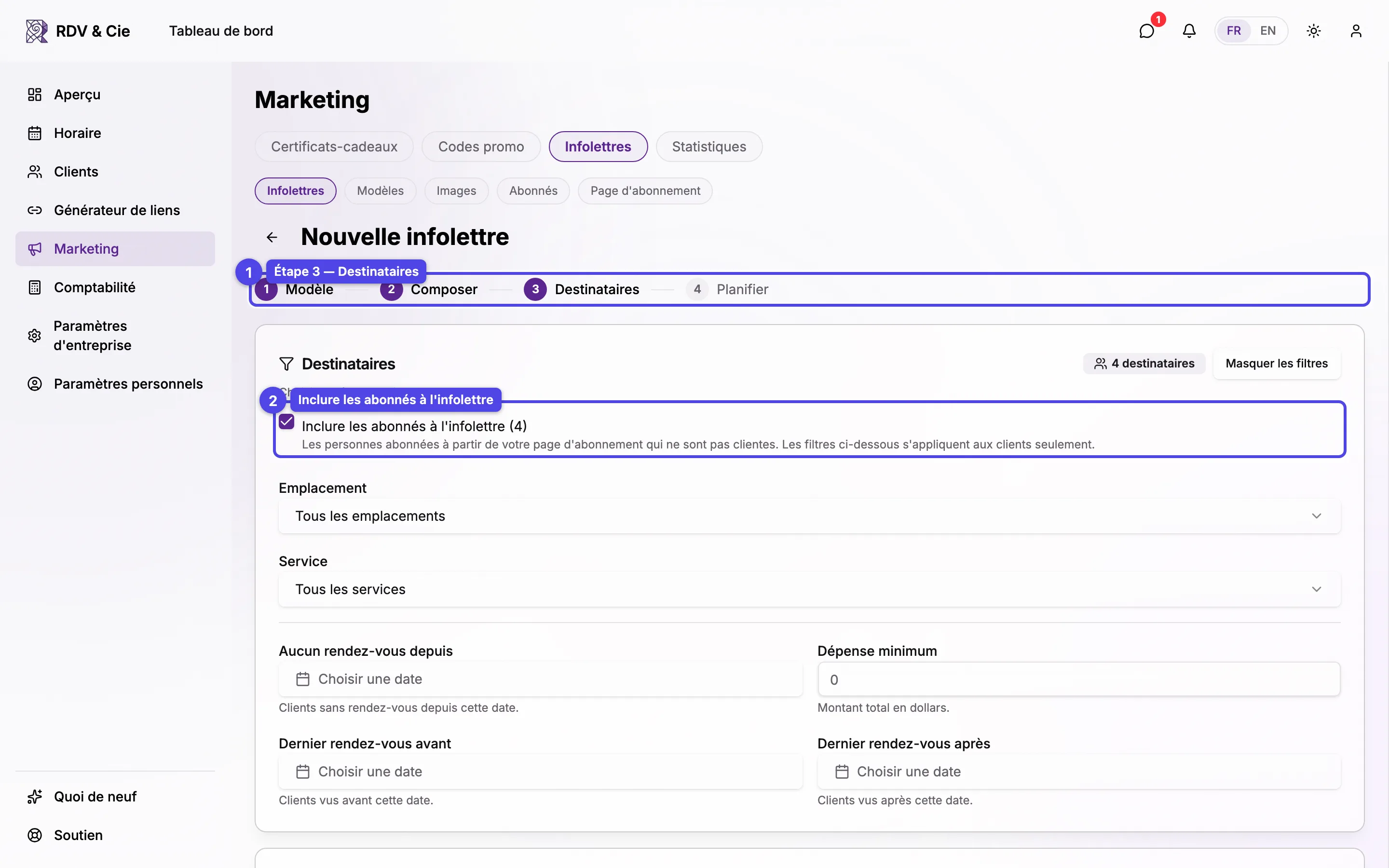 L'étape Destinataires avec la case Inclure les abonnés à l'infolettre au-dessus des filtres d'audience