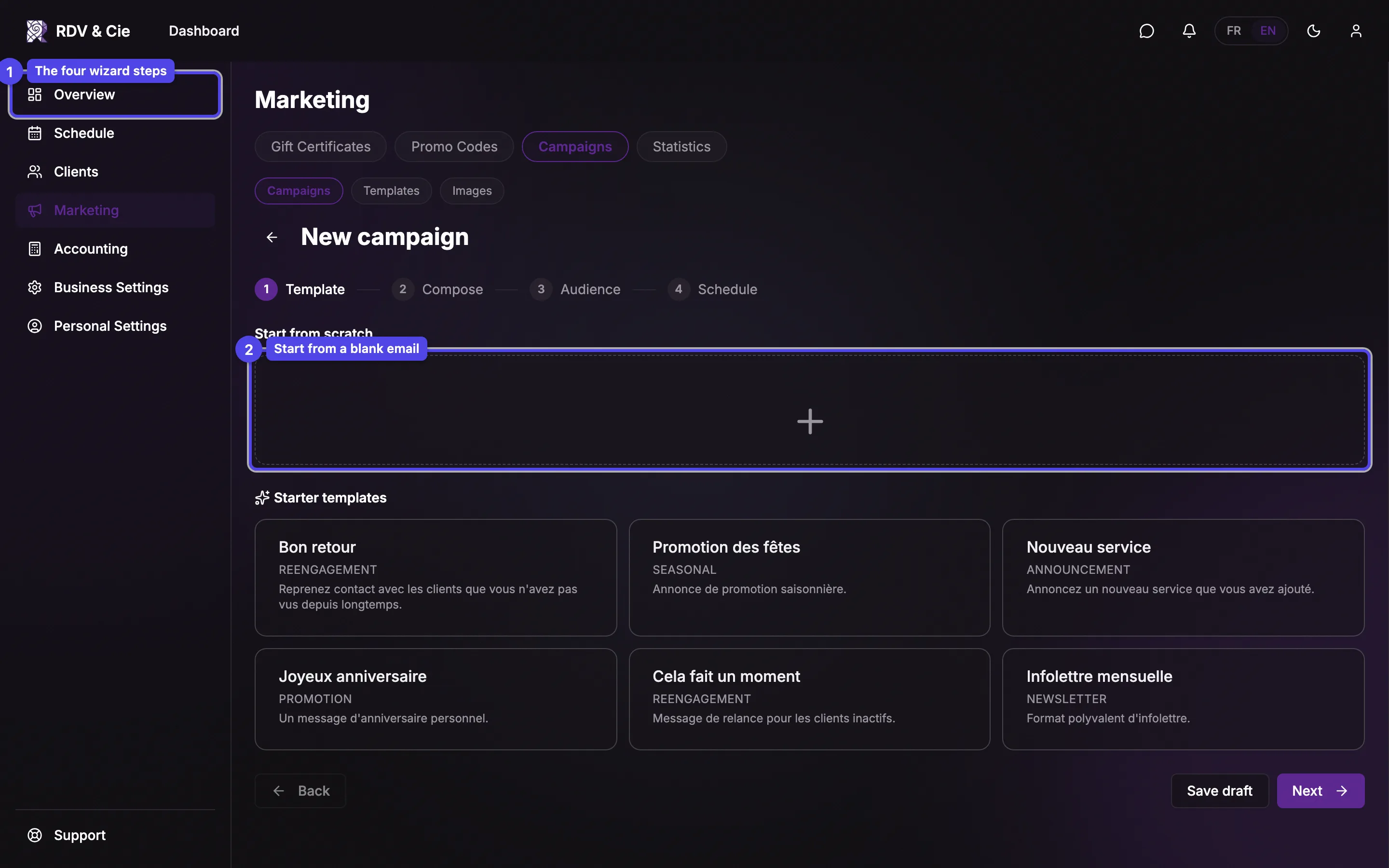 The campaign wizard on the template step, with start-from-scratch, your templates, and starter templates