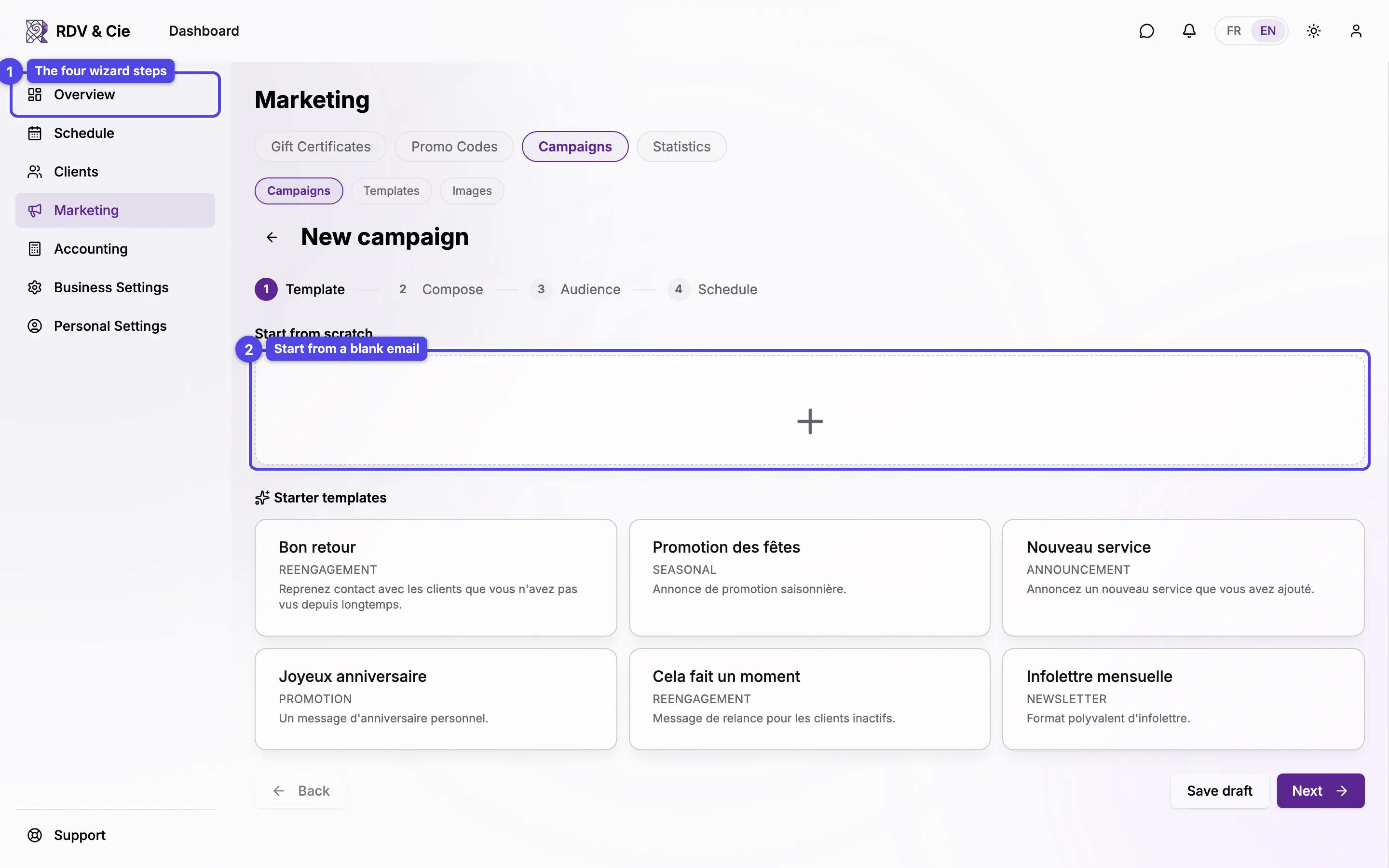 The campaign wizard on the template step, with start-from-scratch, your templates, and starter templates