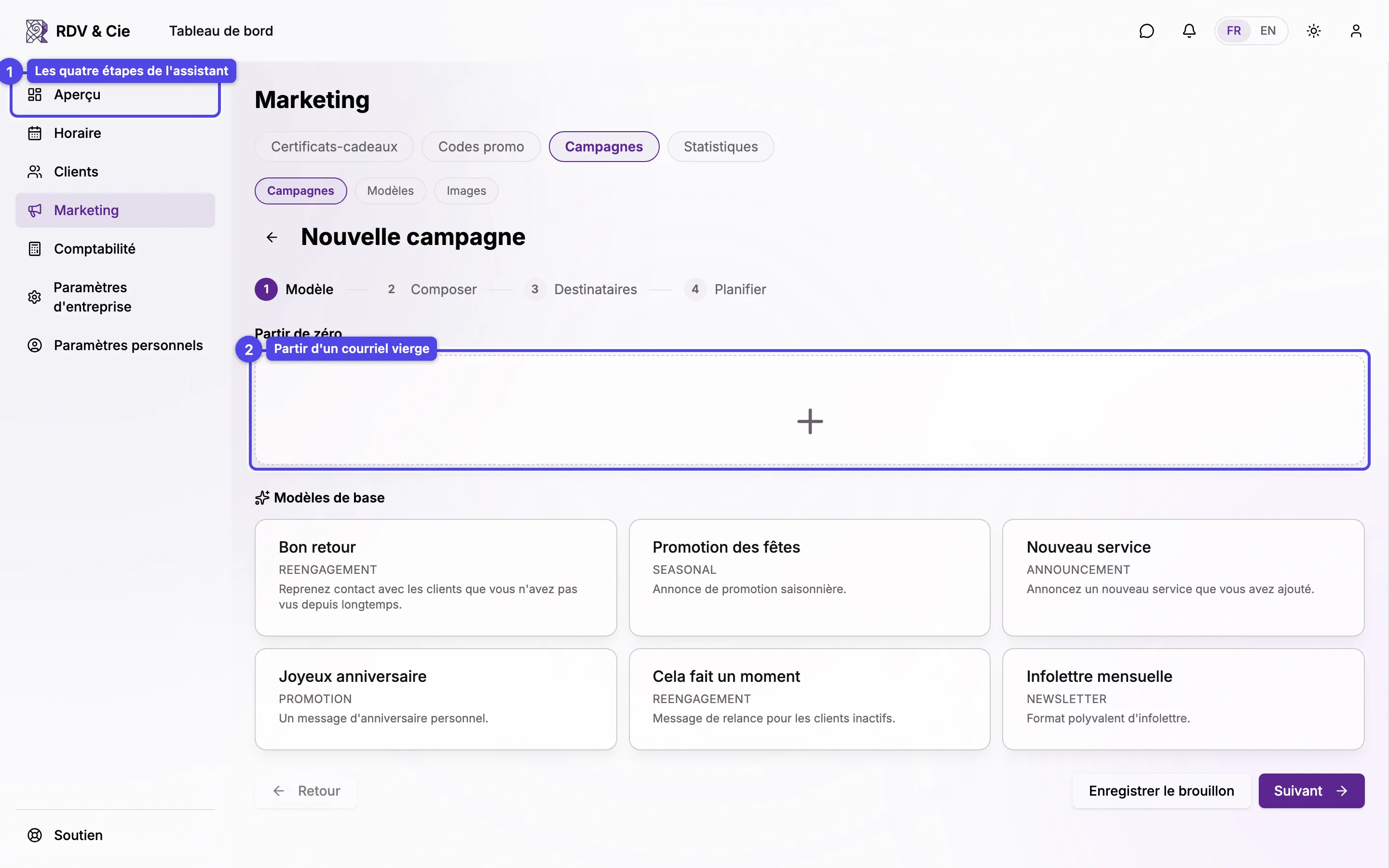 L'assistant de campagne à l'étape modèle, avec partir de zéro, vos modèles et les modèles de départ