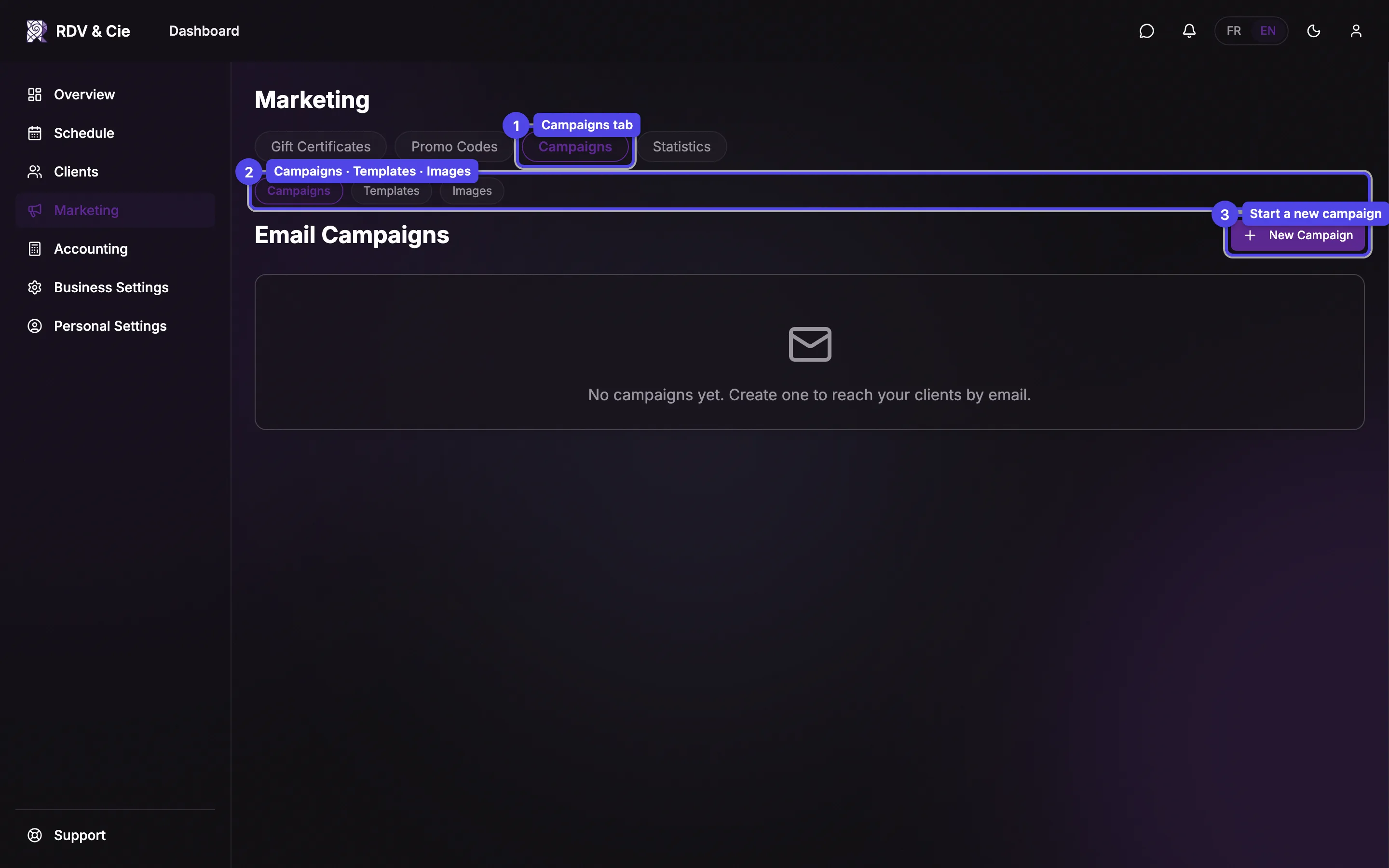 The campaigns list with the sub-nav, the new campaign button, and a campaign card showing status and stats