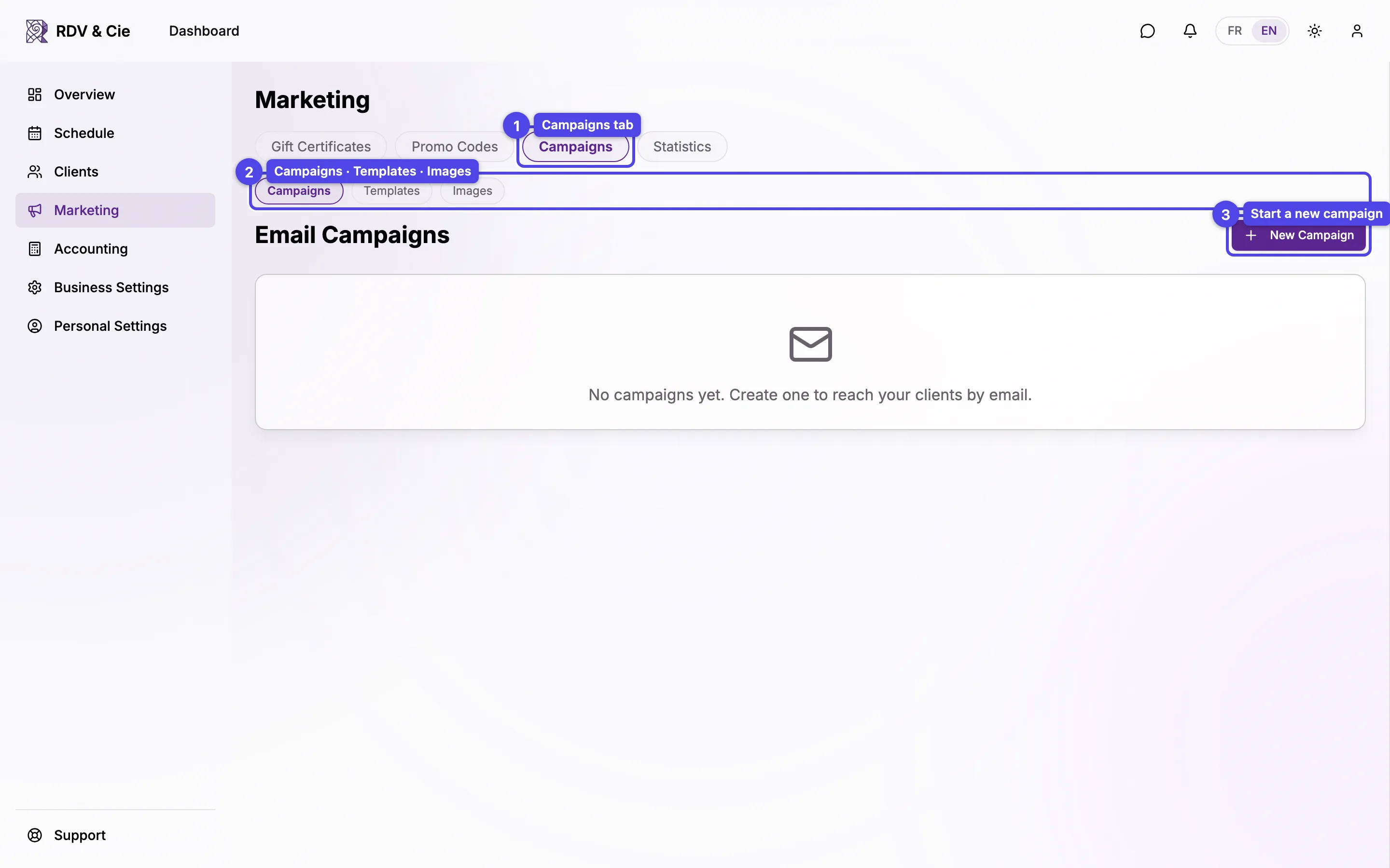 The campaigns list with the sub-nav, the new campaign button, and a campaign card showing status and stats