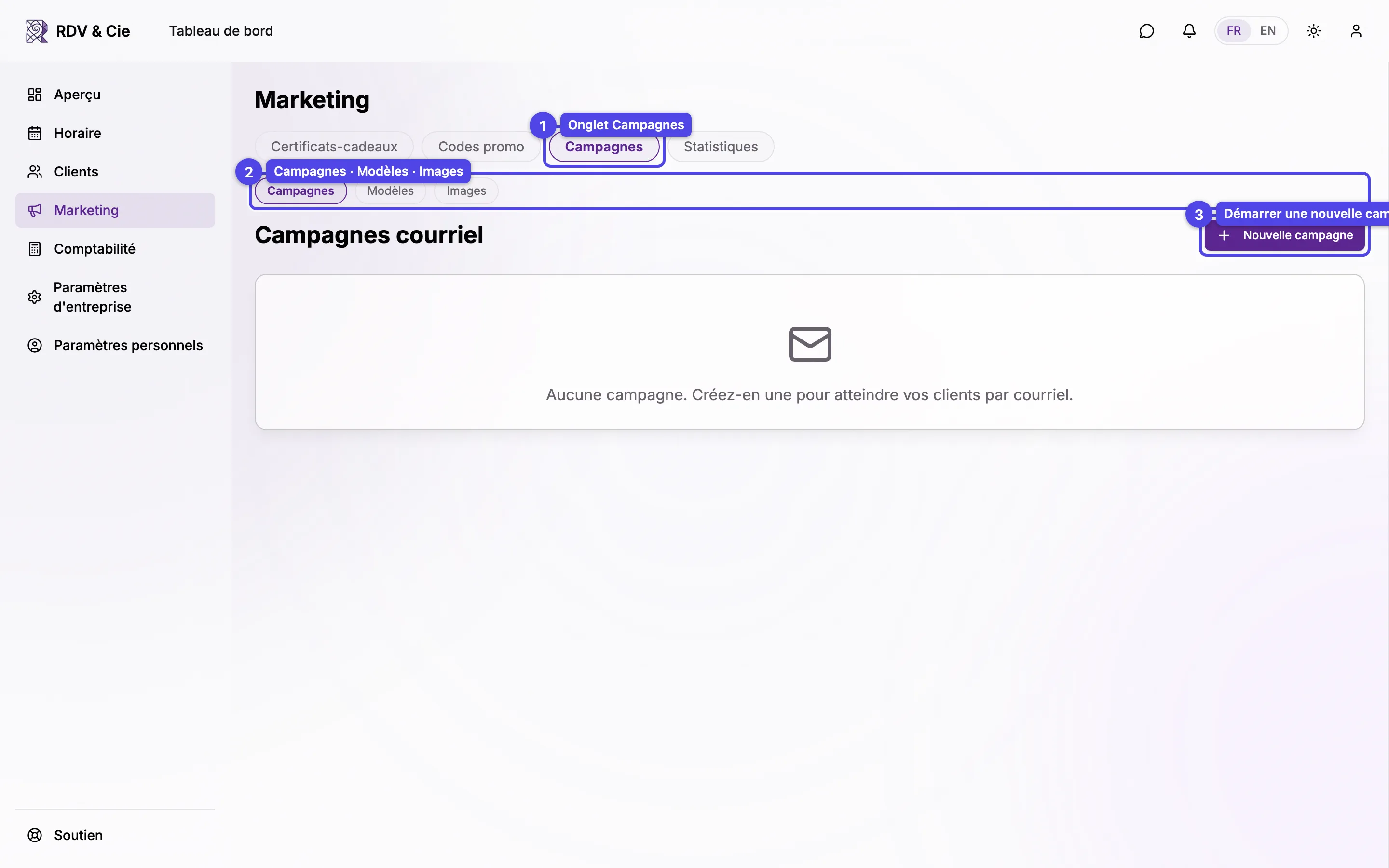La liste des campagnes avec la sous-navigation, le bouton de nouvelle campagne et une carte affichant statut et statistiques