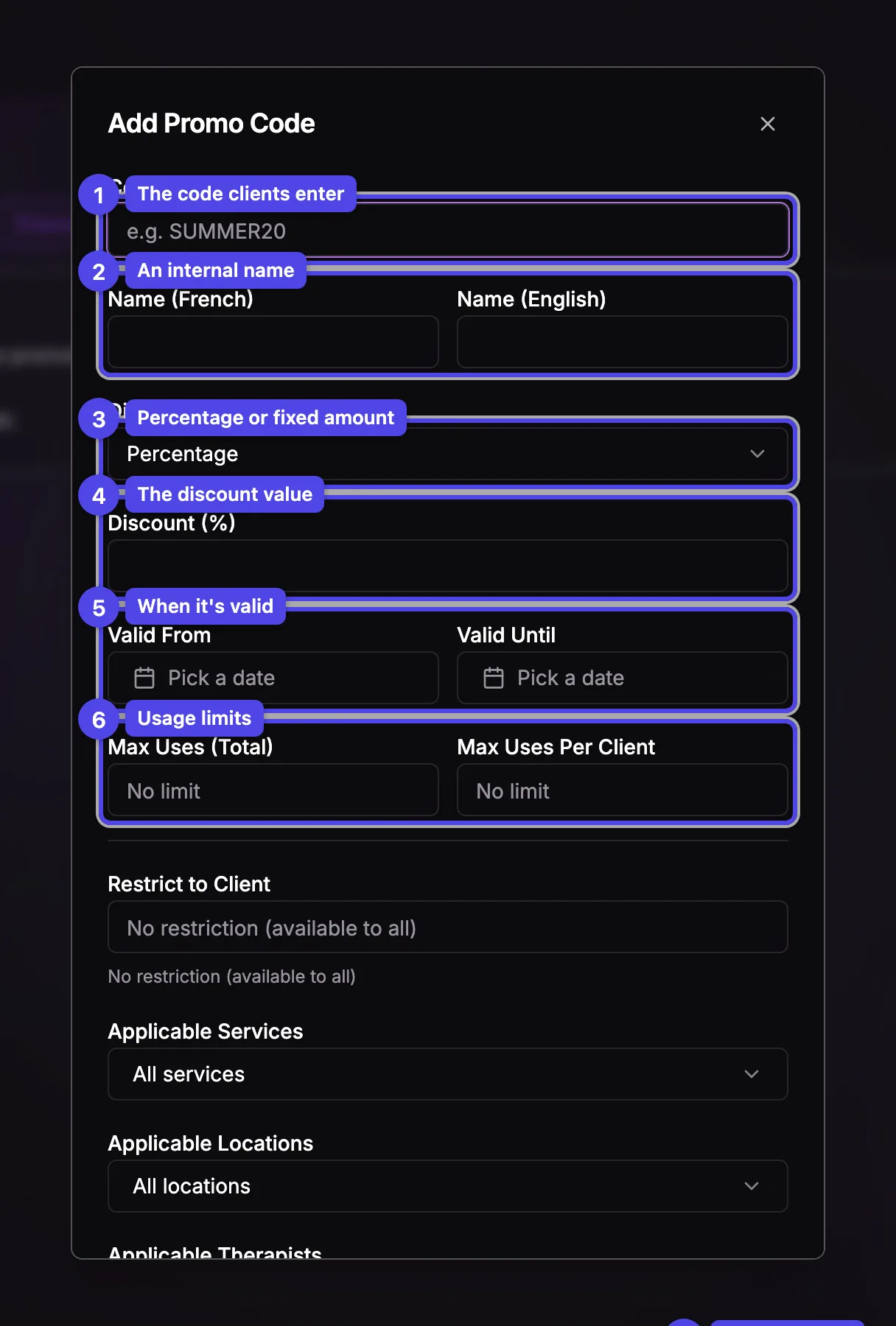 The Add Promo Code dialog with code, name, discount type, value, validity, and usage-limit fields