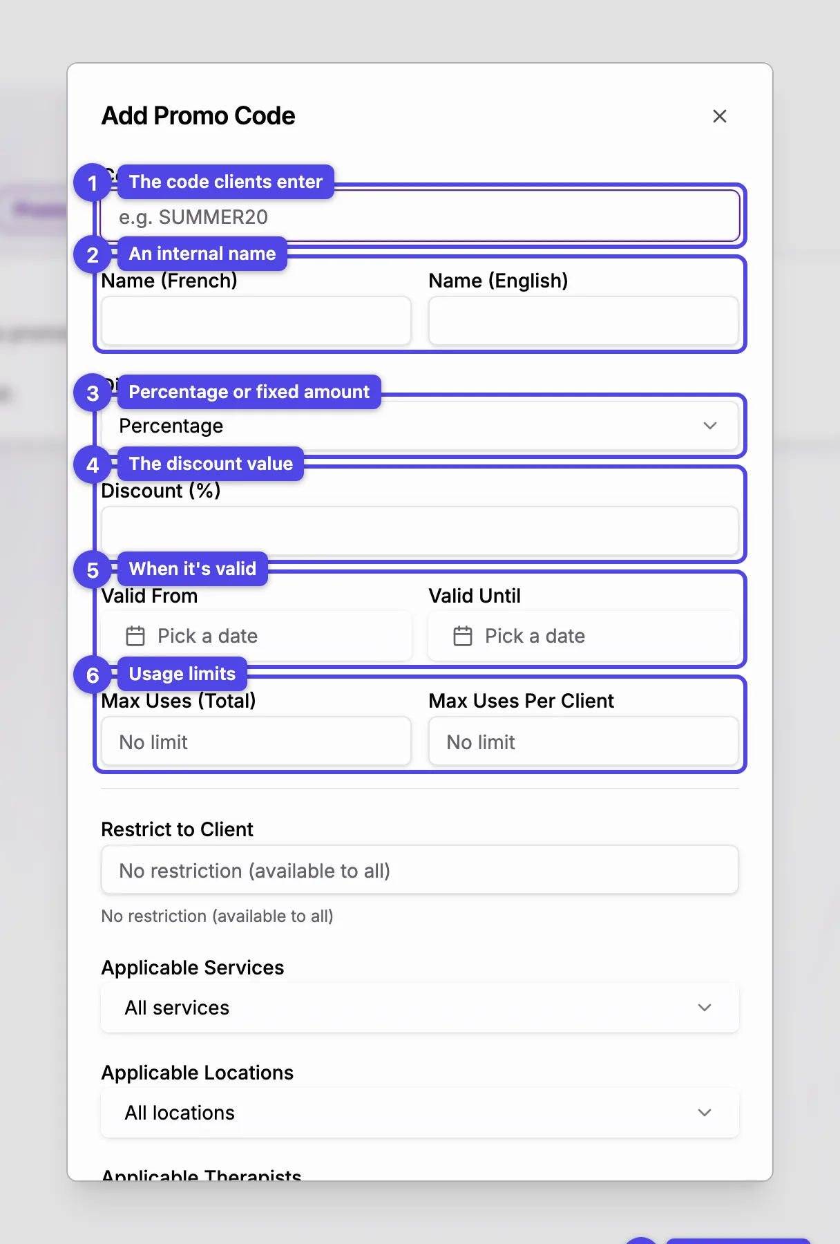 The Add Promo Code dialog with code, name, discount type, value, validity, and usage-limit fields