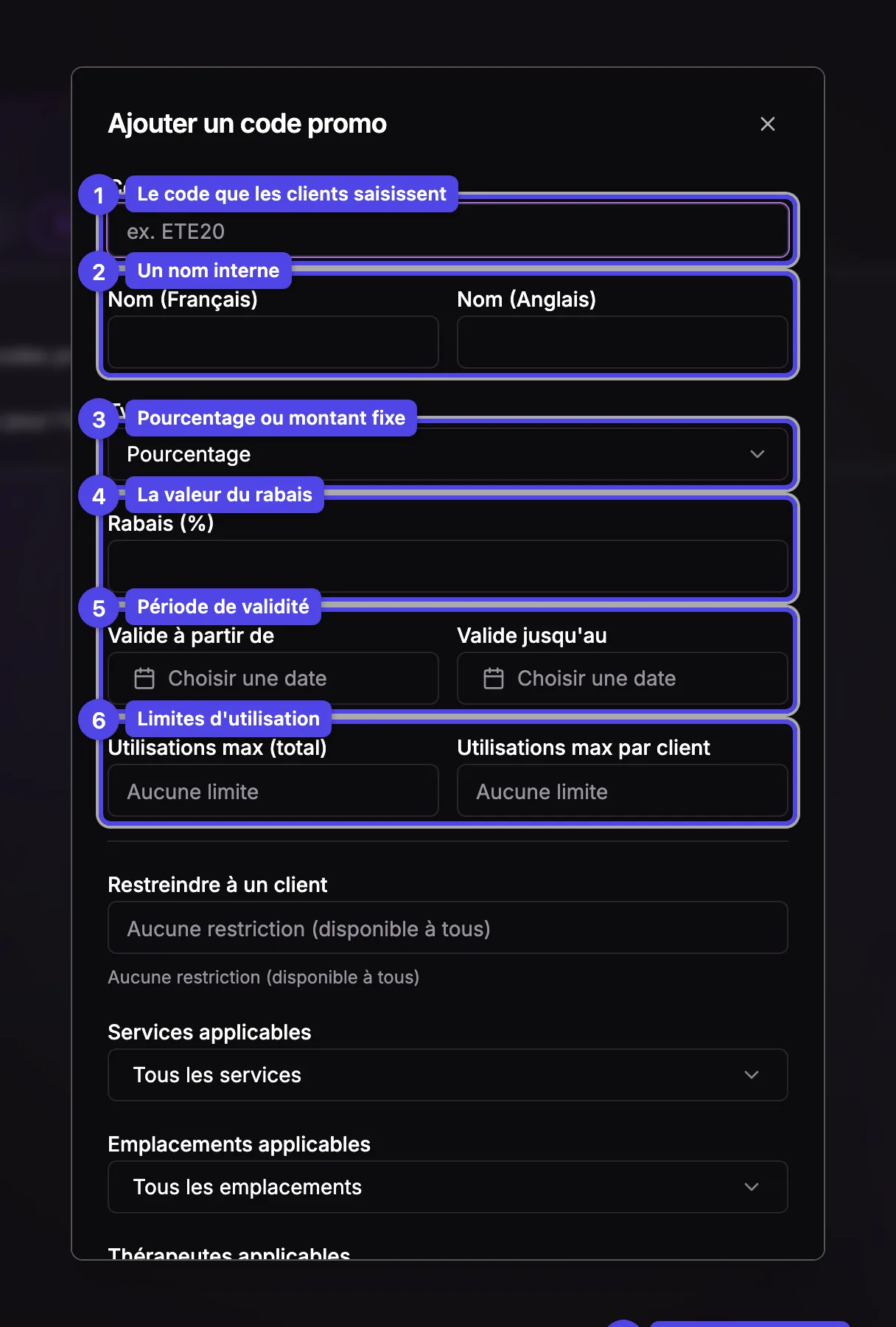 La fenêtre Ajouter un code promo avec les champs code, nom, type de rabais, valeur, validité et limites d'utilisation