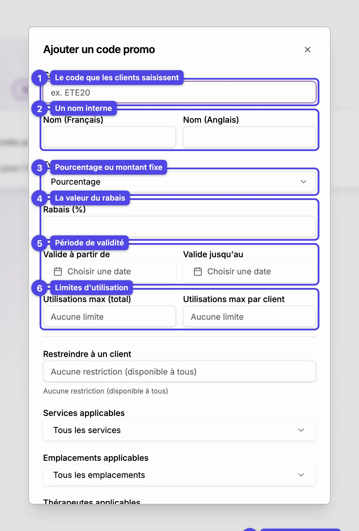 La fenêtre Ajouter un code promo avec les champs code, nom, type de rabais, valeur, validité et limites d'utilisation