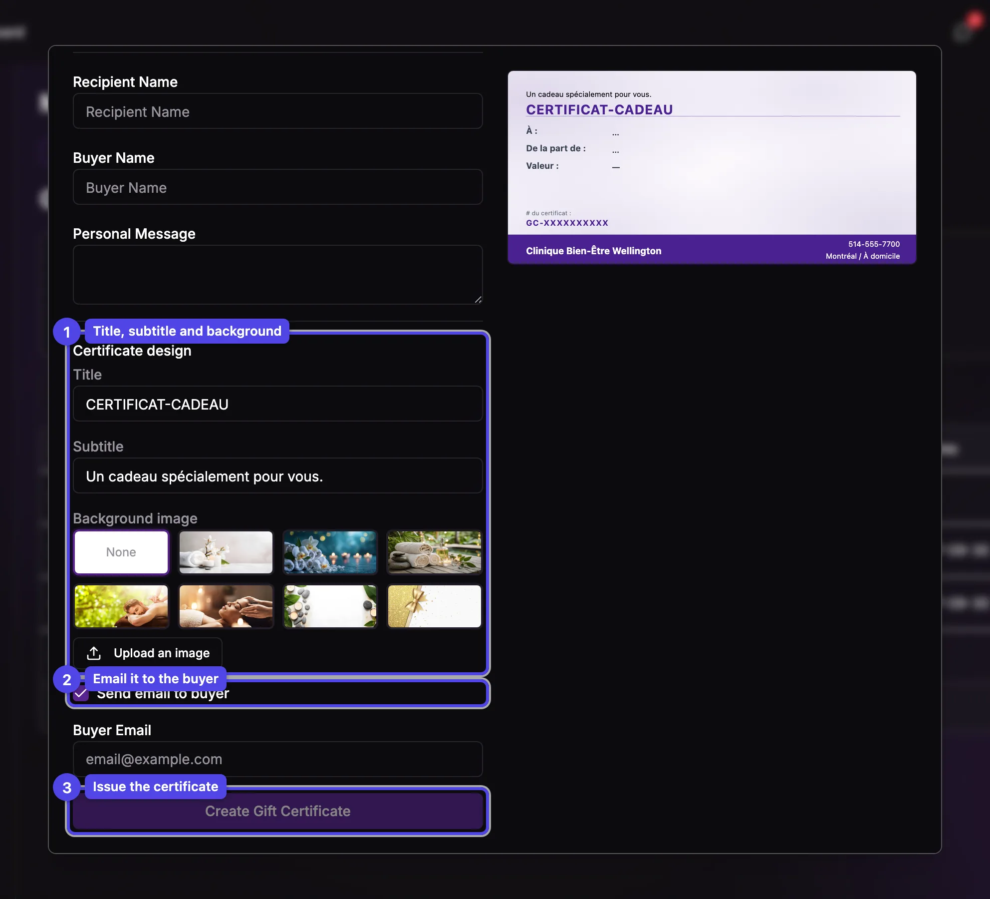 The bottom of the creation dialog with the Certificate design section (title, subtitle, background picker), the send-email checkbox, and the Create button