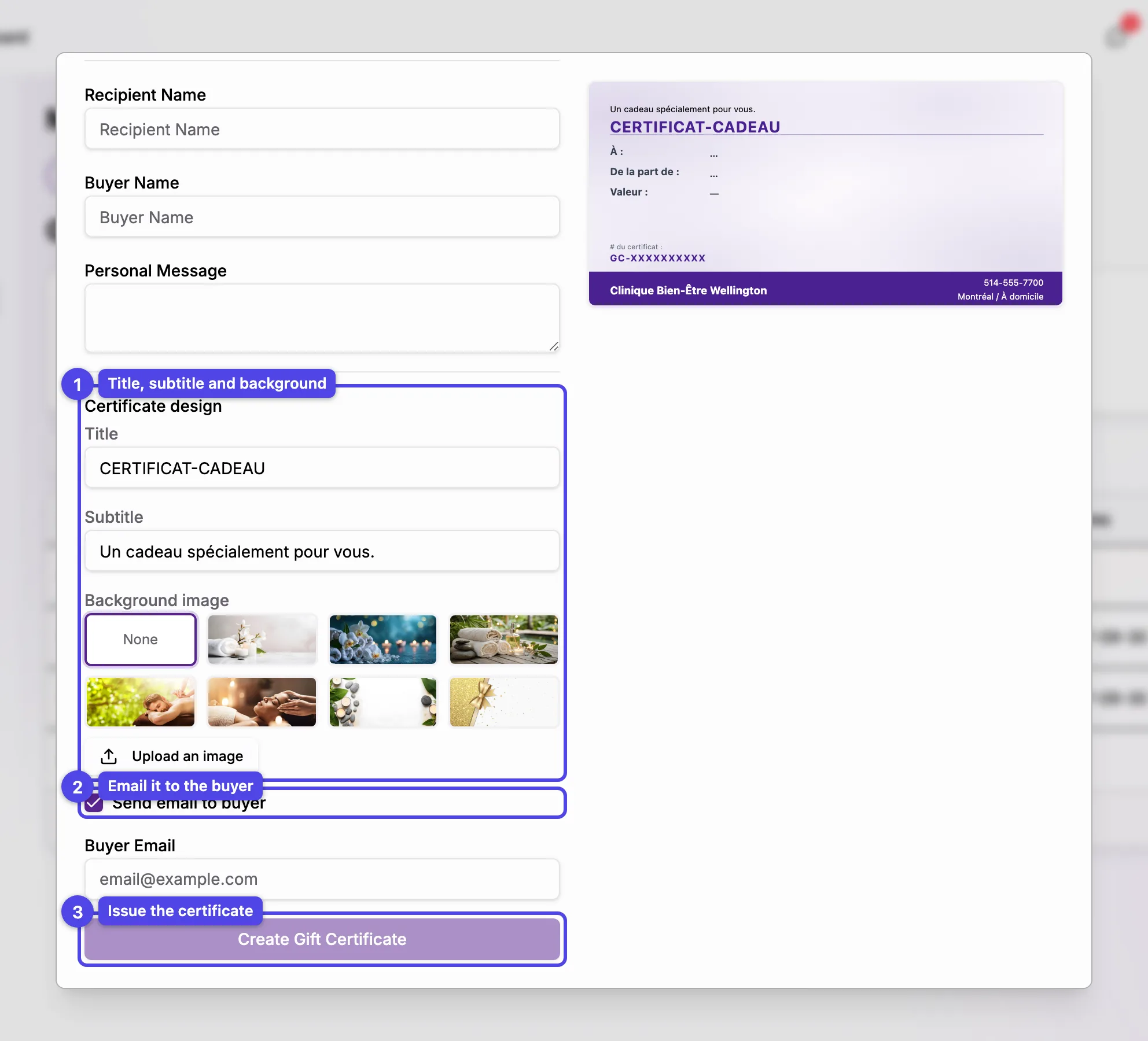 The bottom of the creation dialog with the Certificate design section (title, subtitle, background picker), the send-email checkbox, and the Create button