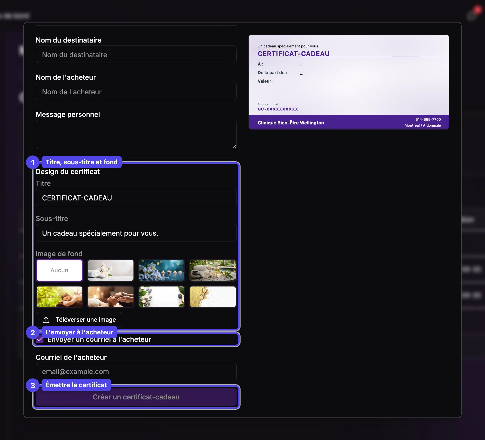 Le bas de la fenêtre de création avec la section Design du certificat (titre, sous-titre, sélecteur de fond), la case d'envoi par courriel et le bouton Créer