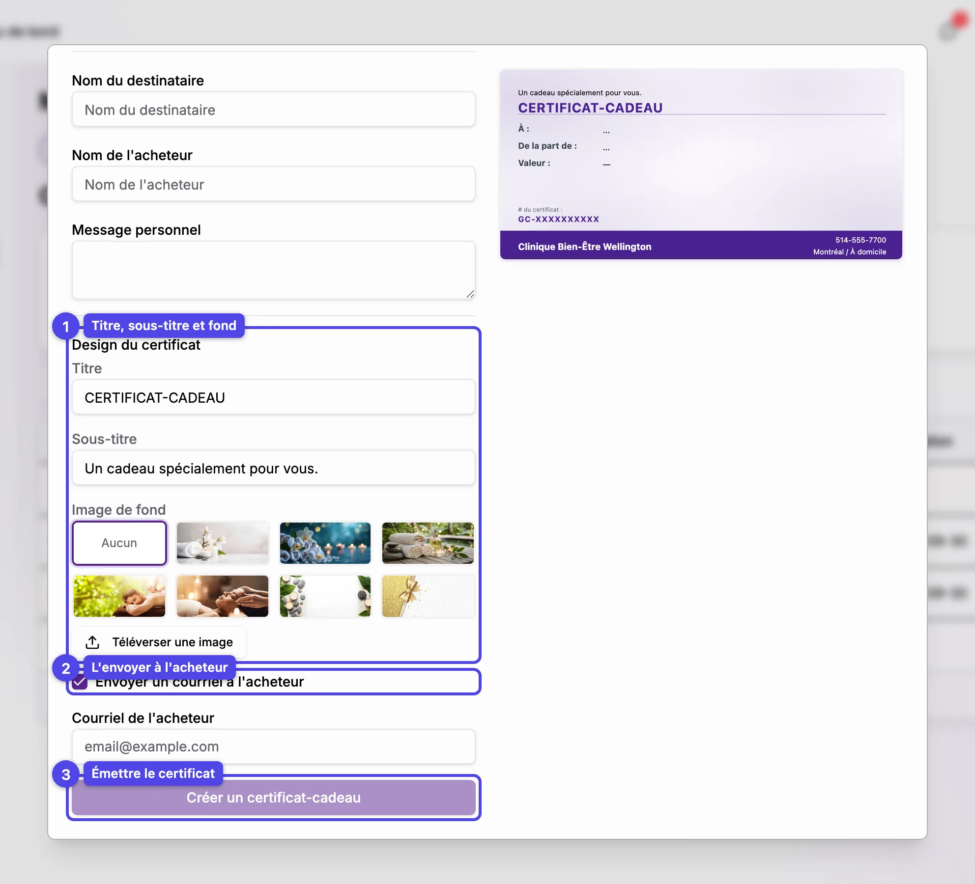 Le bas de la fenêtre de création avec la section Design du certificat (titre, sous-titre, sélecteur de fond), la case d'envoi par courriel et le bouton Créer
