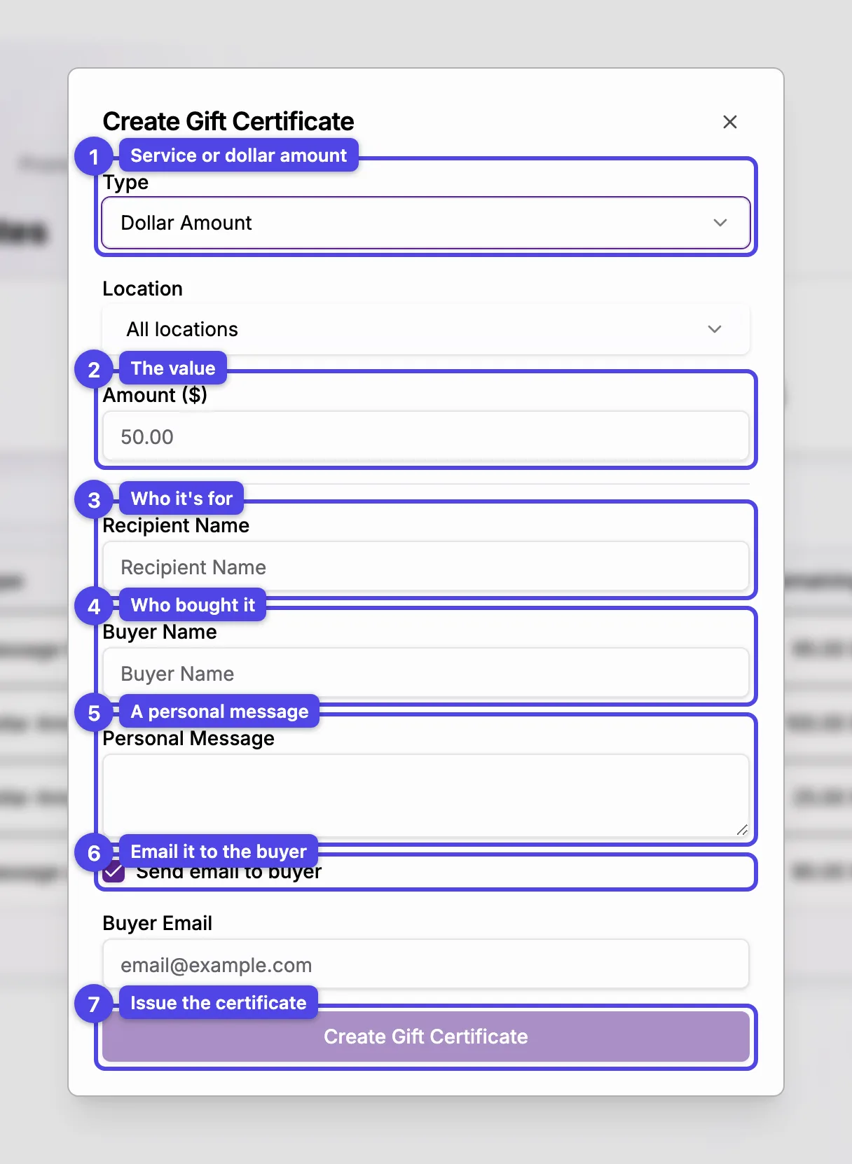 The Create Gift Certificate dialog with type, amount, recipient, buyer, message, and send-email fields