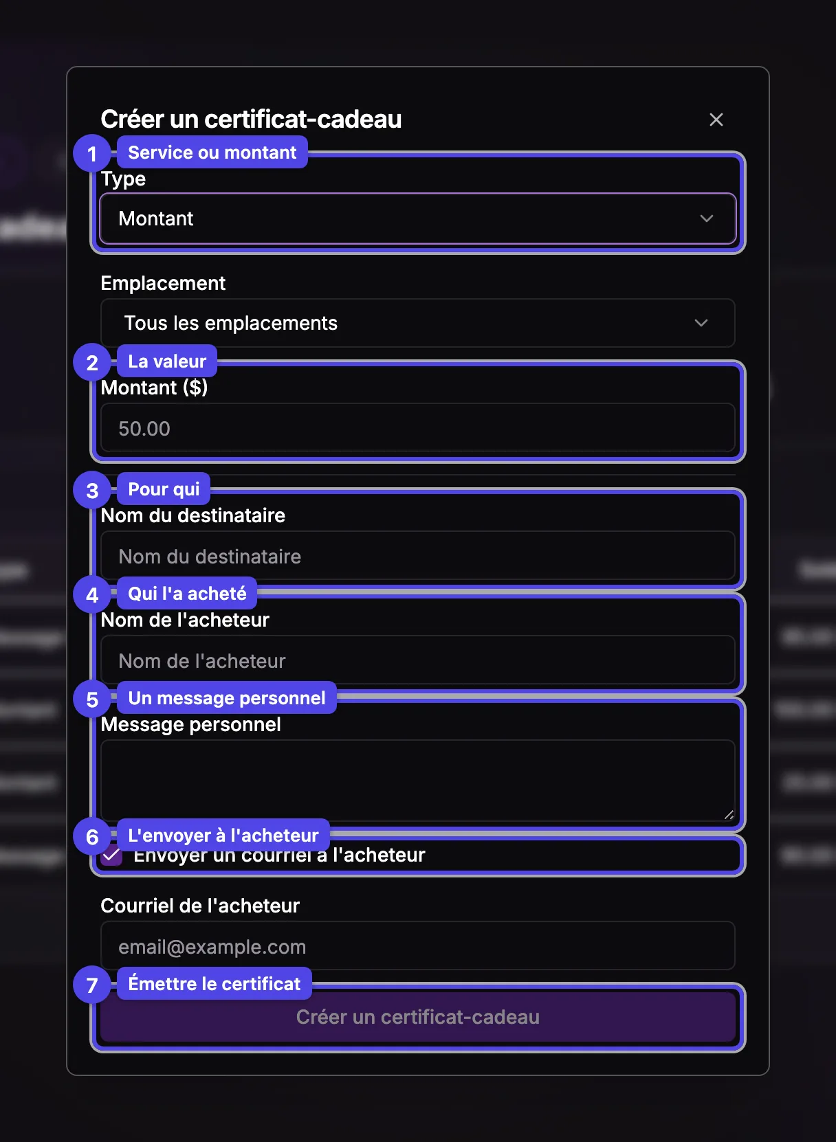 La fenêtre Créer un certificat-cadeau avec les champs type, montant, destinataire, acheteur, message et envoi par courriel