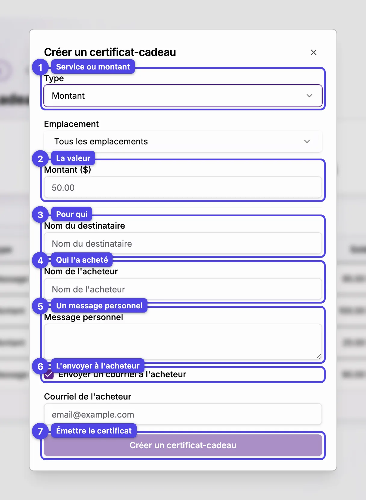 La fenêtre Créer un certificat-cadeau avec les champs type, montant, destinataire, acheteur, message et envoi par courriel