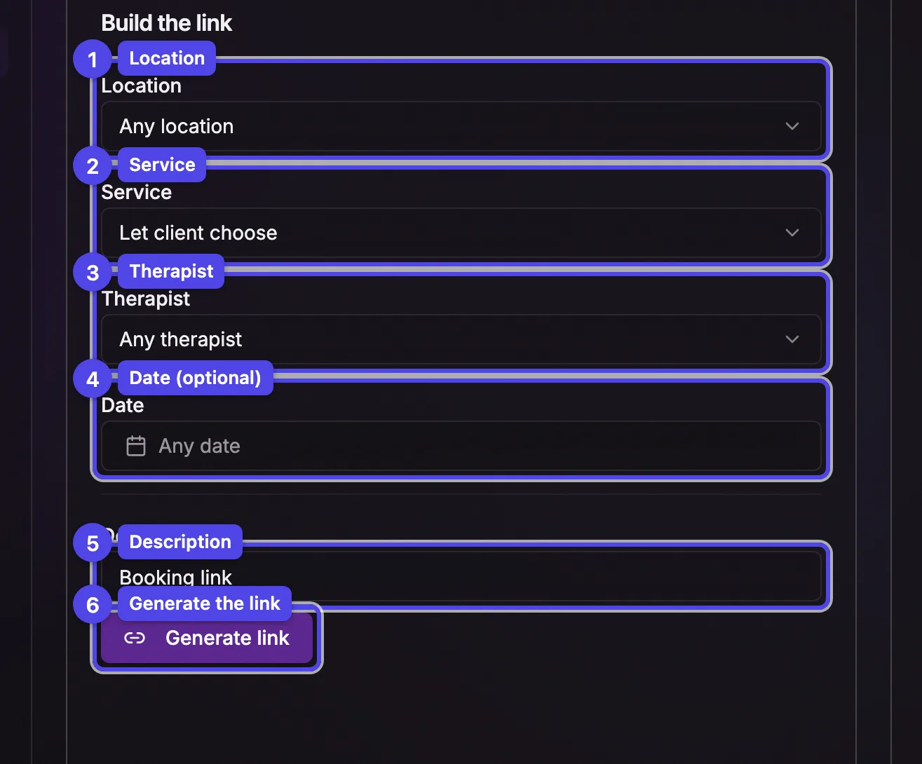 The Build the link card: the location, service, therapist, and date selectors, then the description field and Generate link button, all numbered