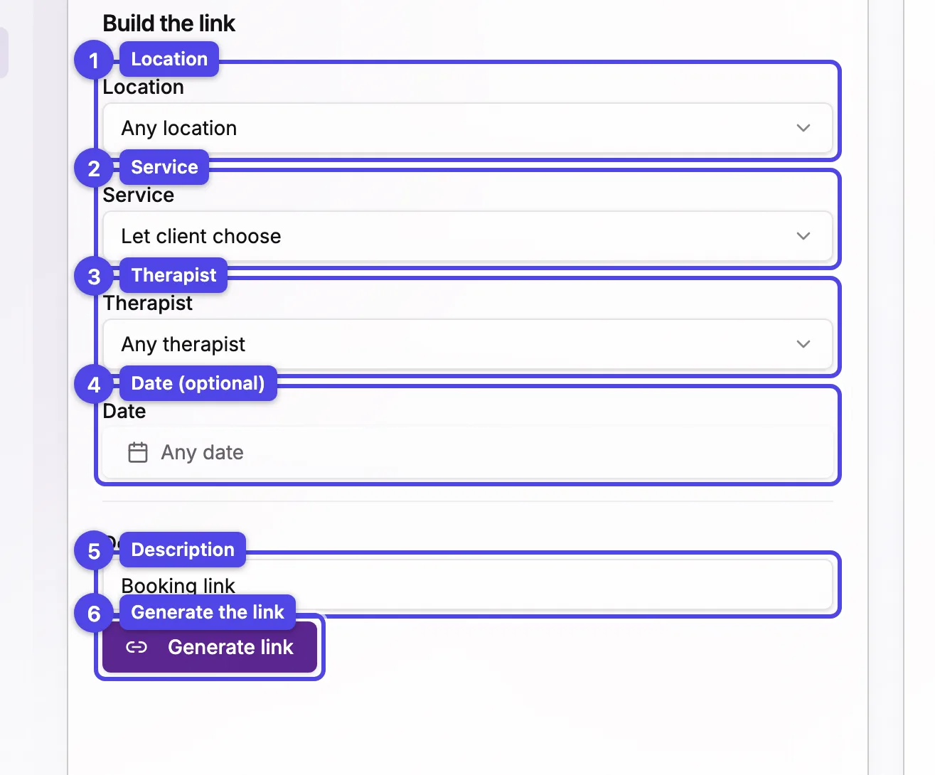 The Build the link card: the location, service, therapist, and date selectors, then the description field and Generate link button, all numbered