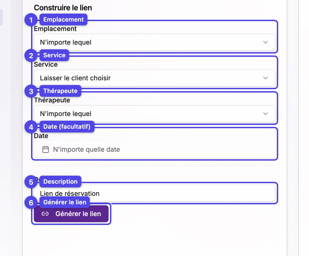 La carte Construire le lien : les sélecteurs d'emplacement, de service, de thérapeute et de date, puis le champ de description et le bouton Générer le lien, tous numérotés