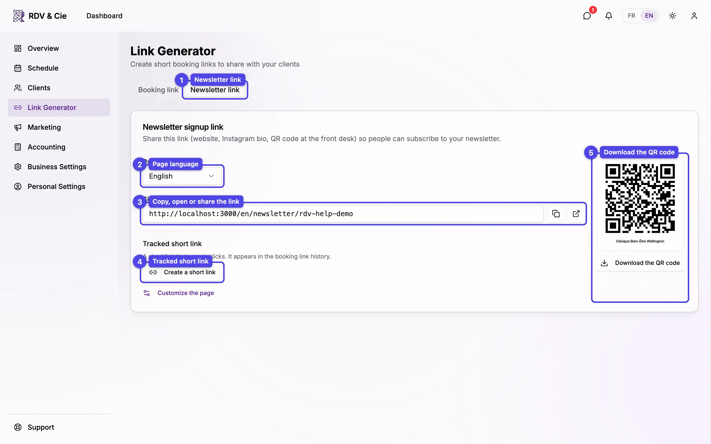The Newsletter link tab: the page language, the signup page link with its copy and open buttons, the Create a short link button and the QR code with its download button, all numbered