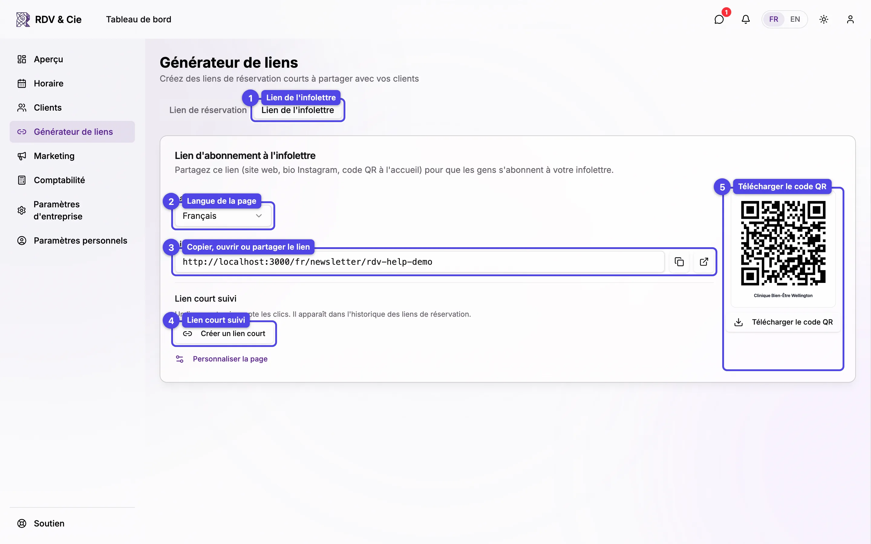 L'onglet Lien de l'infolettre : la langue de la page, le lien de la page d'abonnement avec ses boutons copier et ouvrir, le bouton Créer un lien court et le code QR avec son bouton de téléchargement, tous numérotés