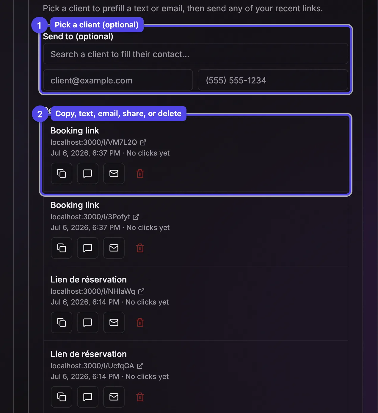 The Send and share card with the client picker and a saved link showing its copy, text, email, share, and delete buttons