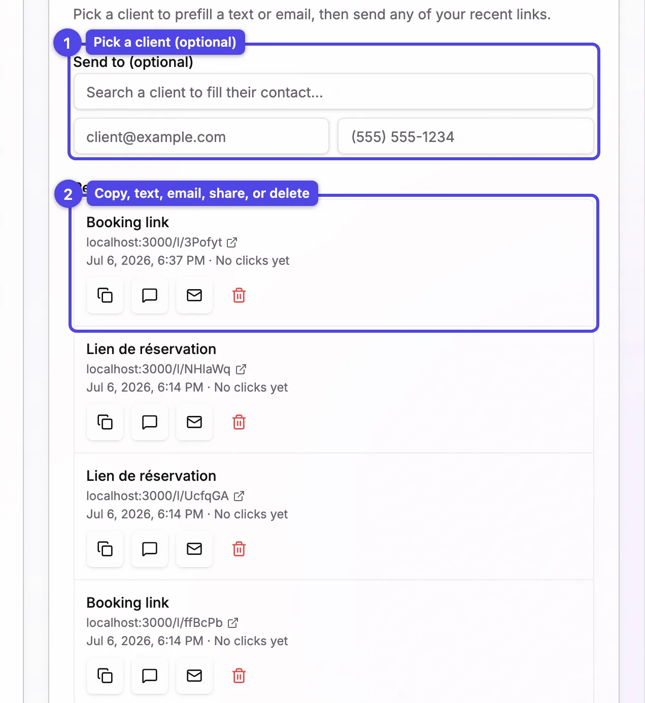 The Send and share card with the client picker and a saved link showing its copy, text, email, share, and delete buttons