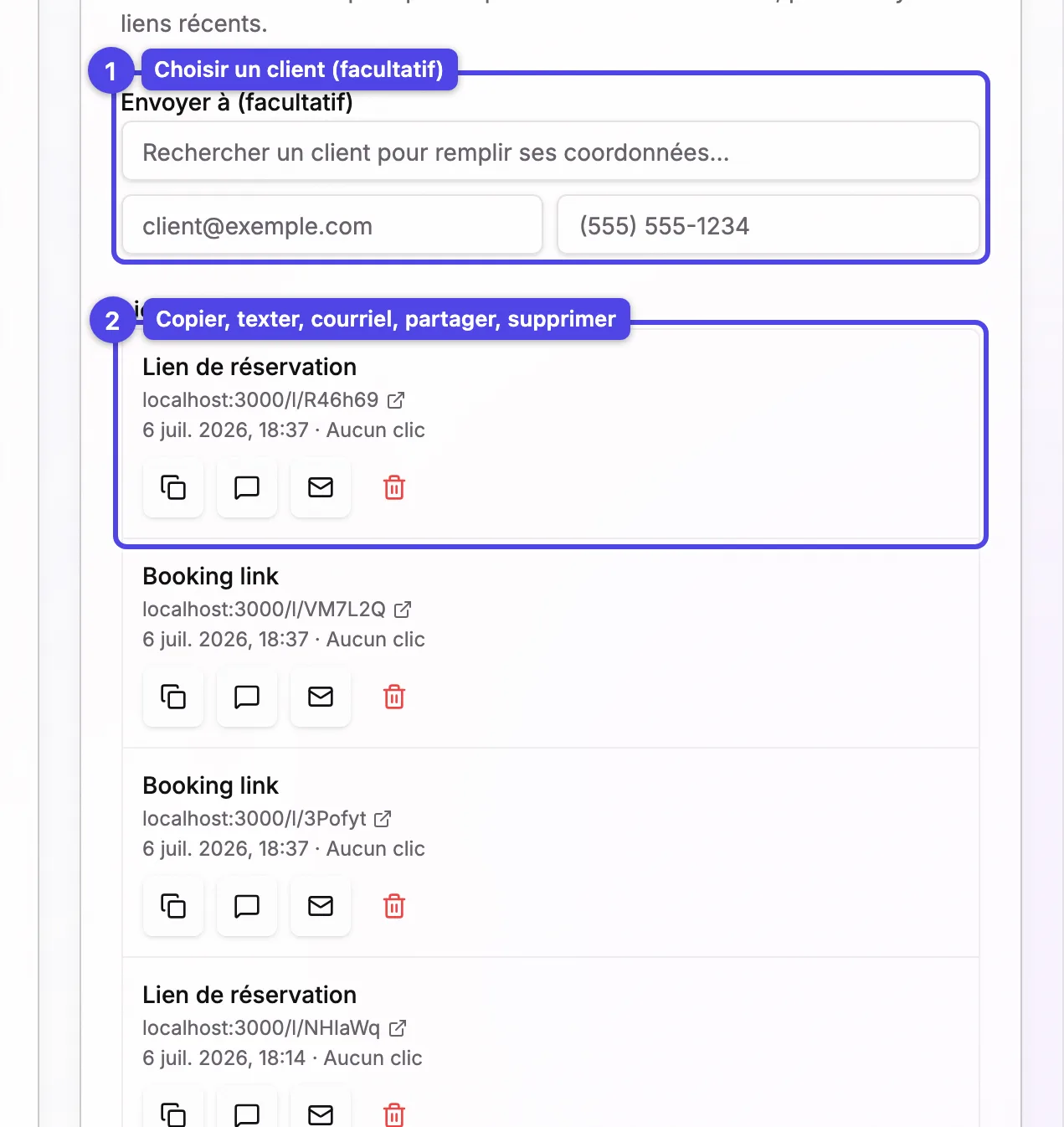 La carte Envoyer et partager avec le sélecteur de client et un lien enregistré affichant ses boutons copier, texto, courriel, partager et supprimer