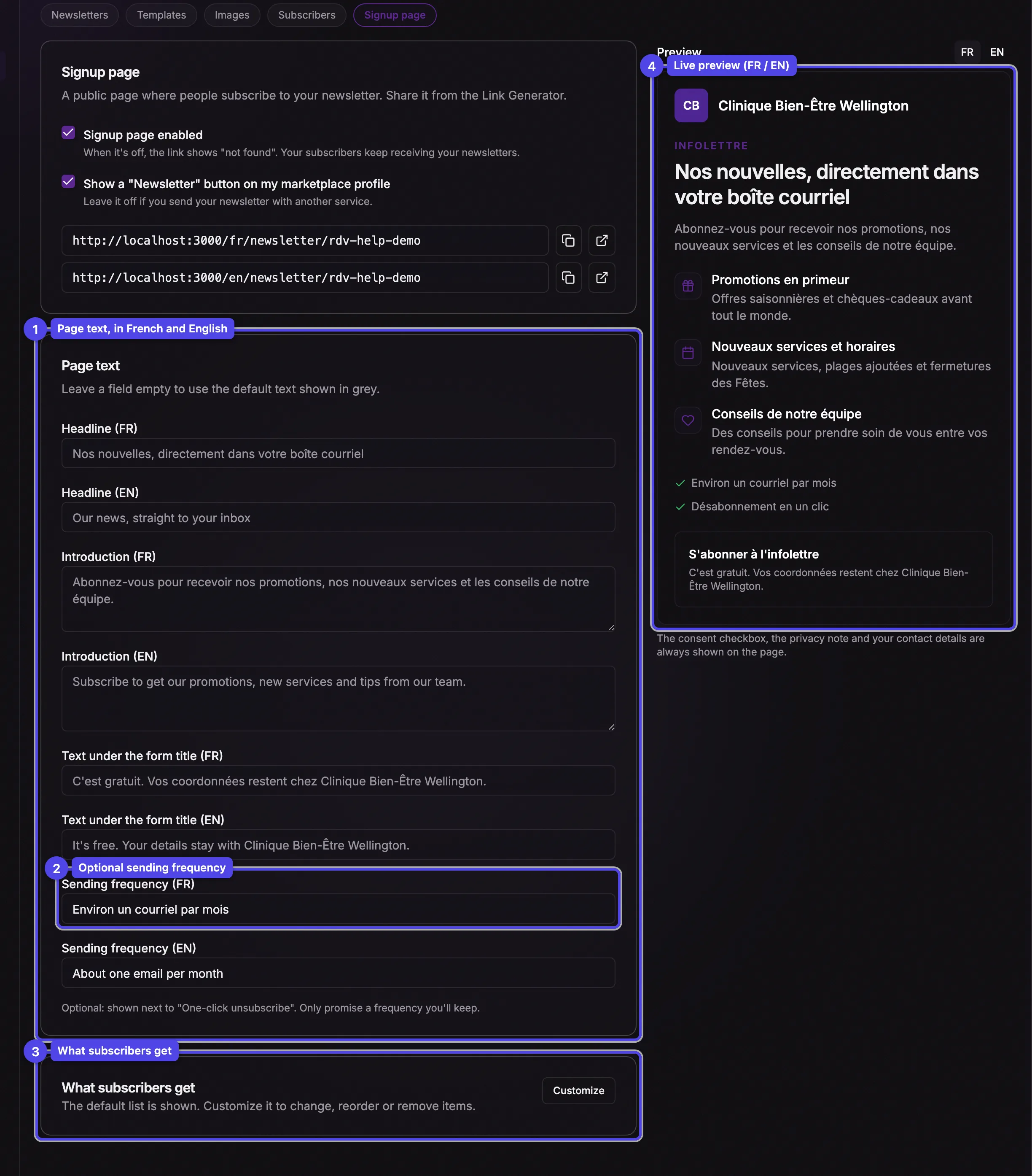 The Page text card with the headline, introduction, form subtitle and sending frequency fields, the What subscribers get card and the live preview, all numbered