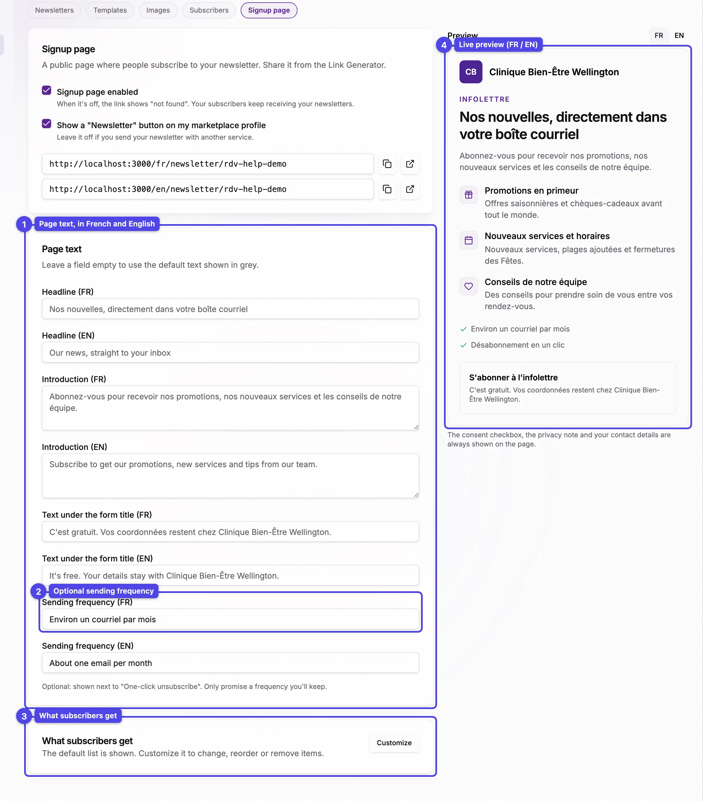 The Page text card with the headline, introduction, form subtitle and sending frequency fields, the What subscribers get card and the live preview, all numbered