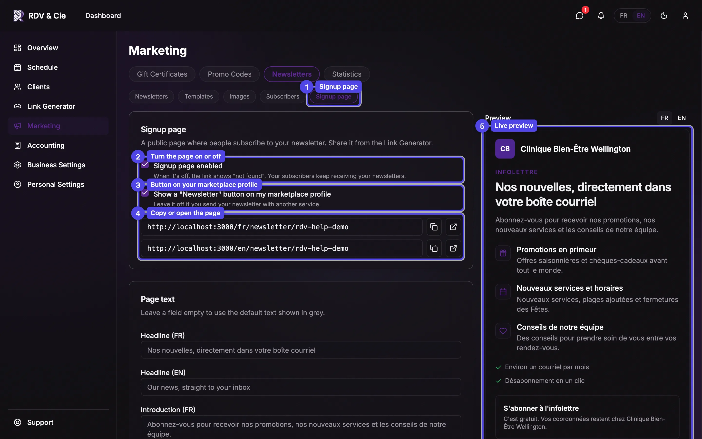 The Signup page settings: the sub-nav pill, the Signup page enabled and marketplace button checkboxes, the page links and the live preview, all numbered