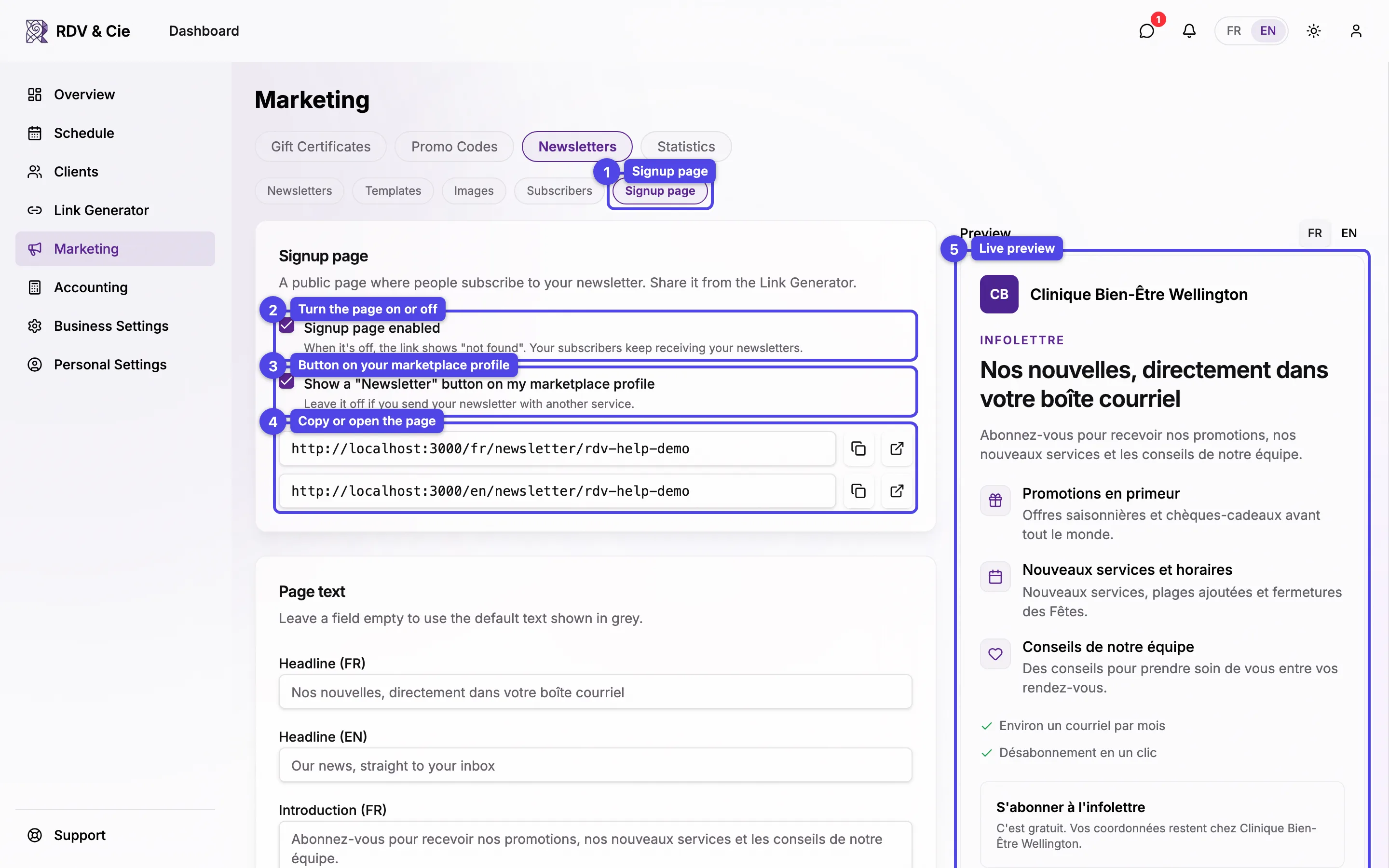 The Signup page settings: the sub-nav pill, the Signup page enabled and marketplace button checkboxes, the page links and the live preview, all numbered