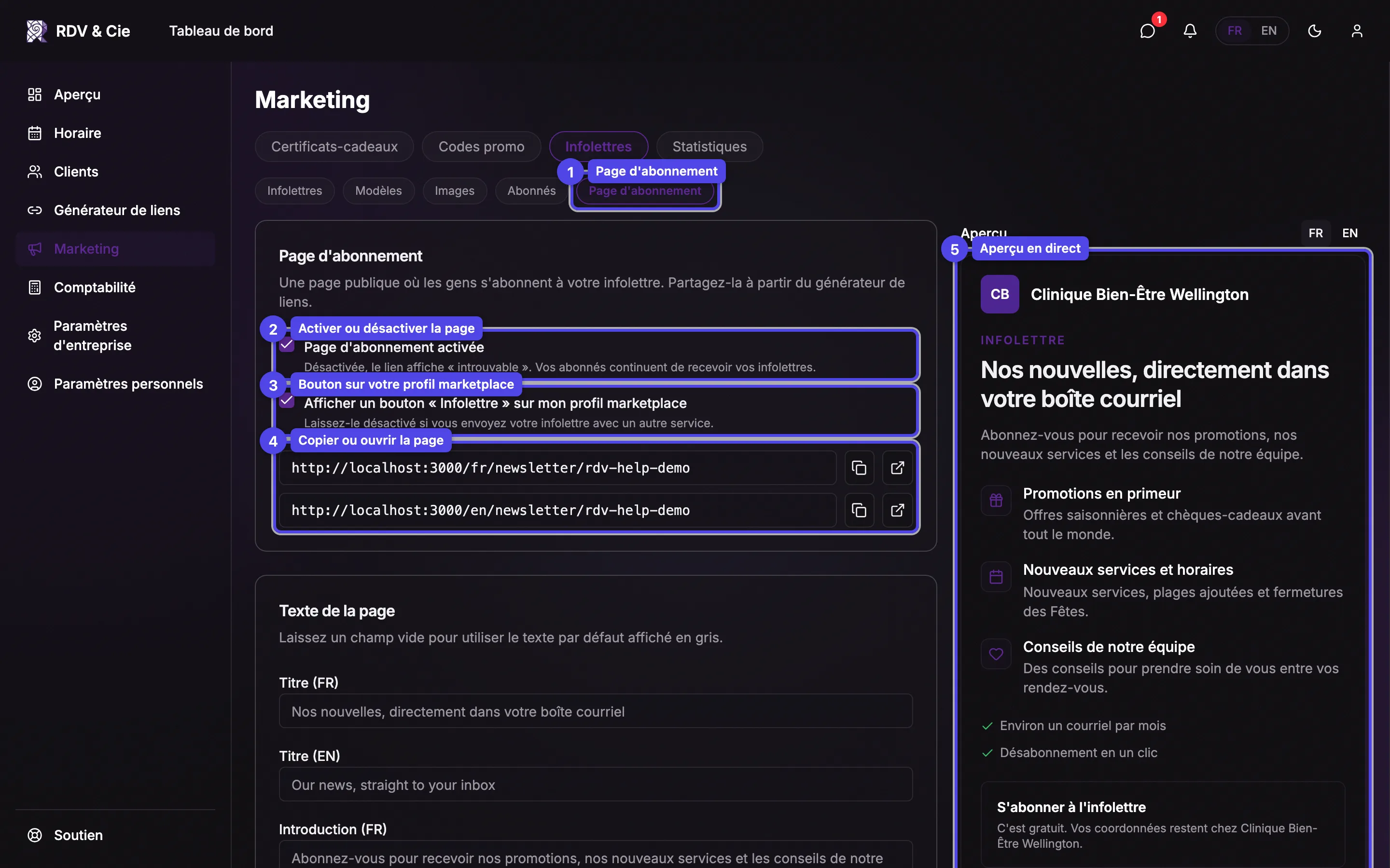 Les réglages de la page d'abonnement : la pastille de la sous-navigation, les cases Page d'abonnement activée et bouton marketplace, les liens de la page et l'aperçu en direct, tous numérotés