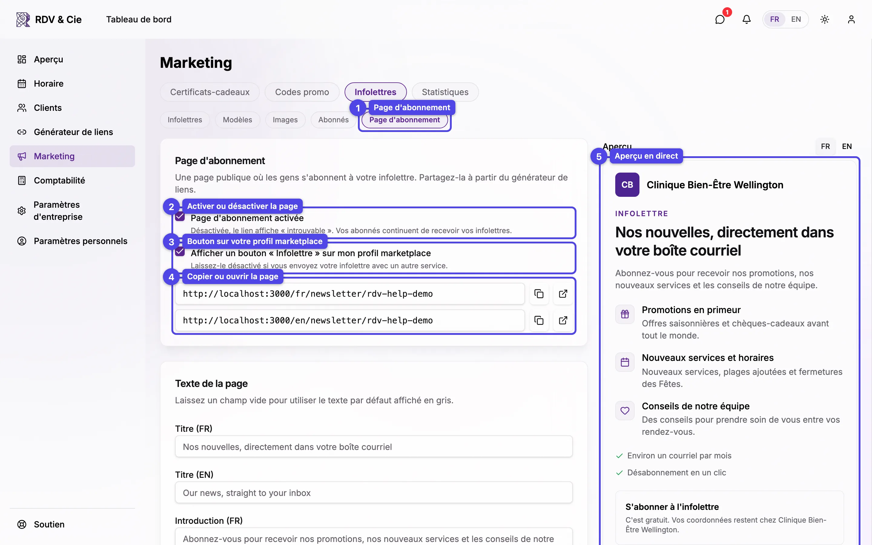 Les réglages de la page d'abonnement : la pastille de la sous-navigation, les cases Page d'abonnement activée et bouton marketplace, les liens de la page et l'aperçu en direct, tous numérotés