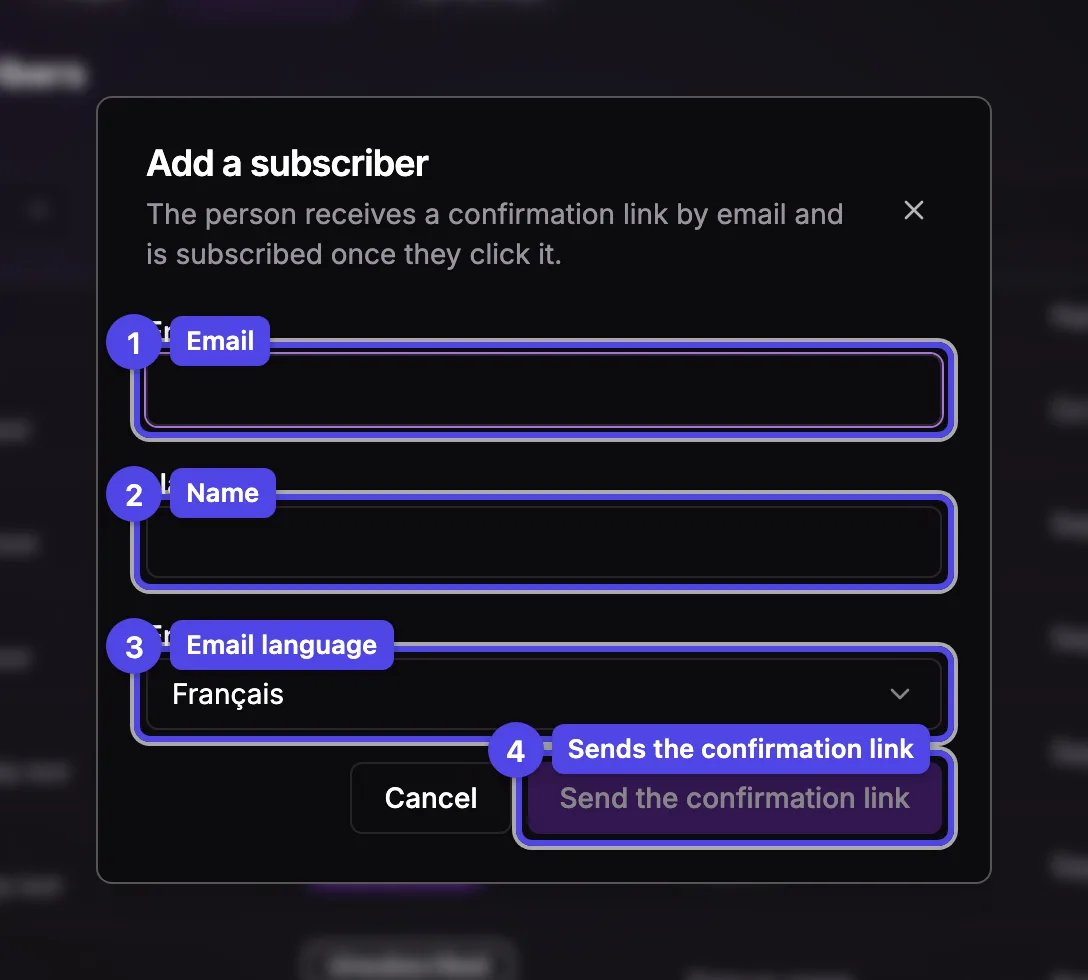 The Add a subscriber dialog with the email, name and email language fields and the Send the confirmation link button