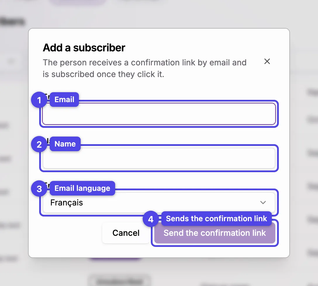 The Add a subscriber dialog with the email, name and email language fields and the Send the confirmation link button