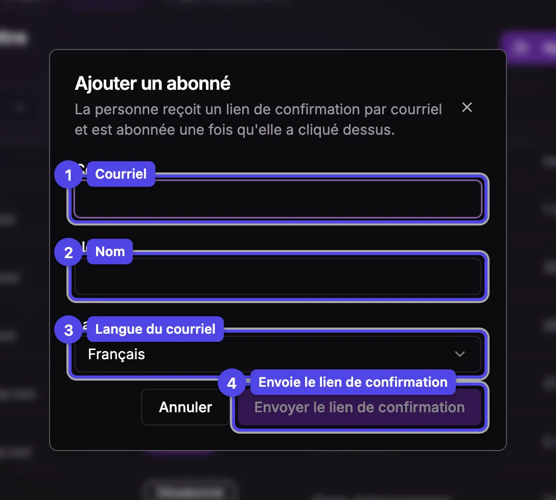 La fenêtre Ajouter un abonné avec les champs courriel, nom et langue du courriel et le bouton Envoyer le lien de confirmation