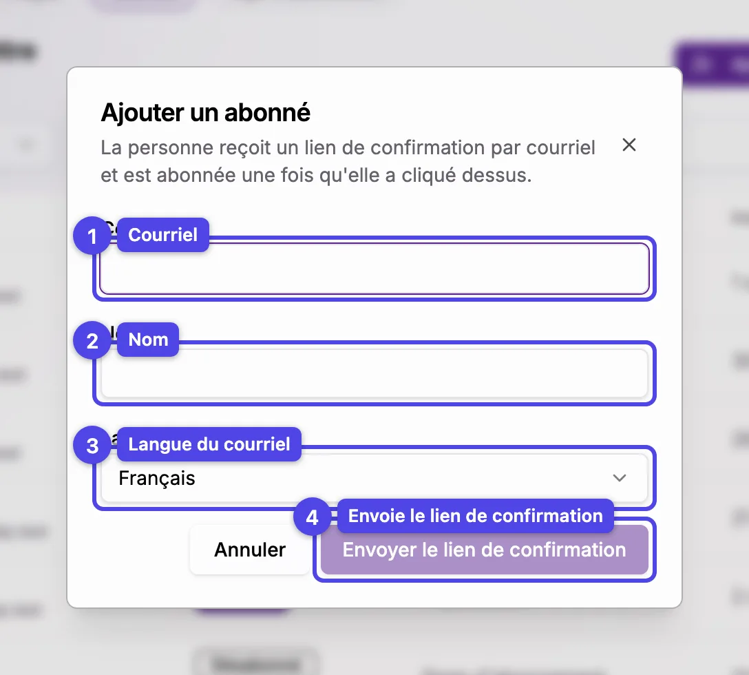 La fenêtre Ajouter un abonné avec les champs courriel, nom et langue du courriel et le bouton Envoyer le lien de confirmation