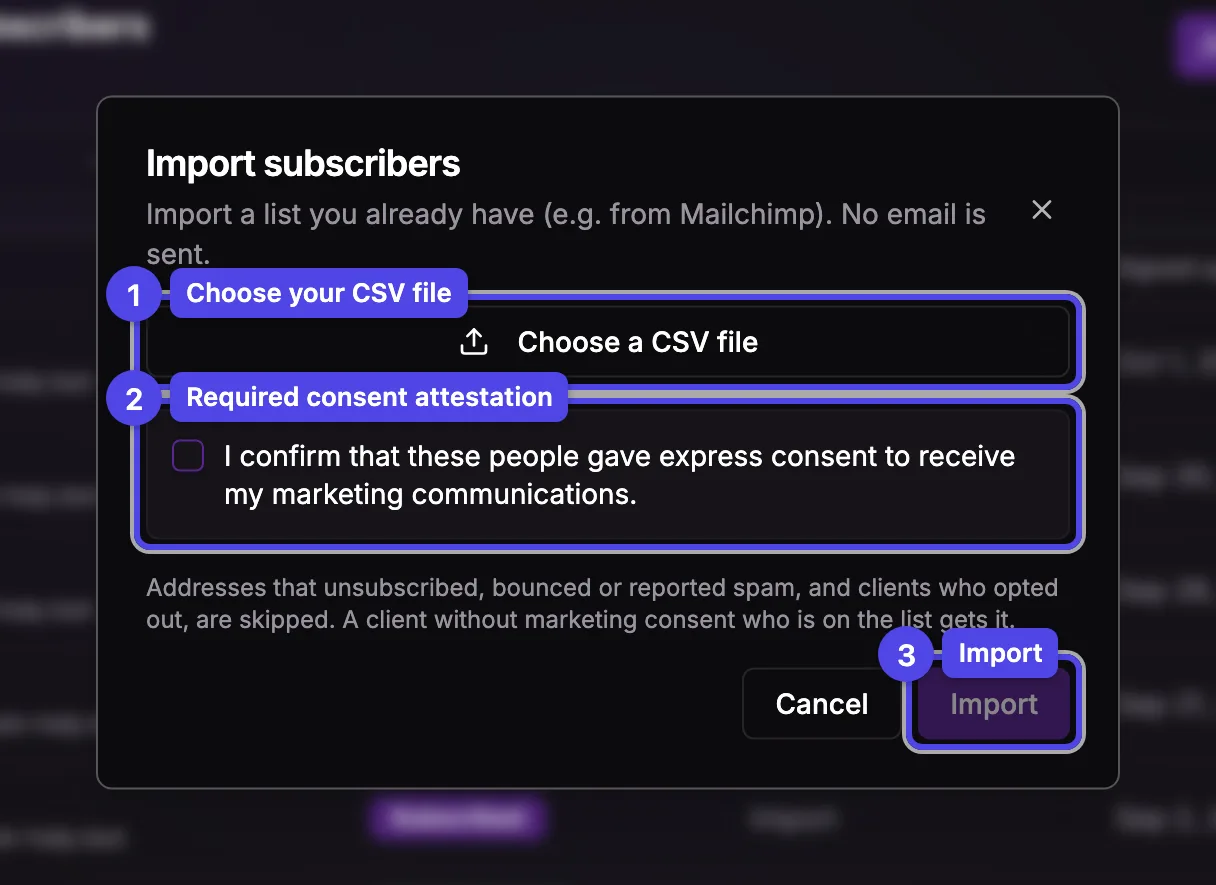 The Import subscribers dialog with the Choose a CSV file button, the consent attestation checkbox and the Import button