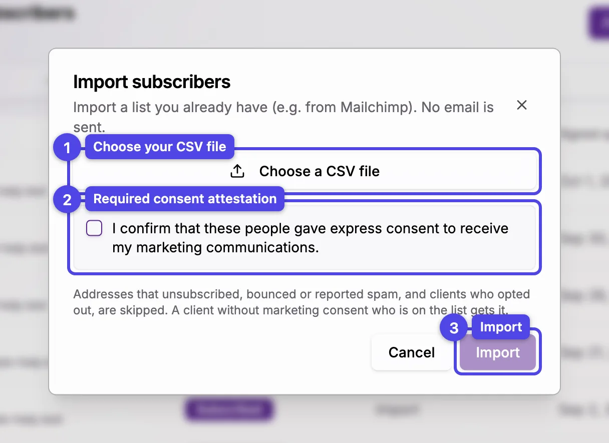 The Import subscribers dialog with the Choose a CSV file button, the consent attestation checkbox and the Import button