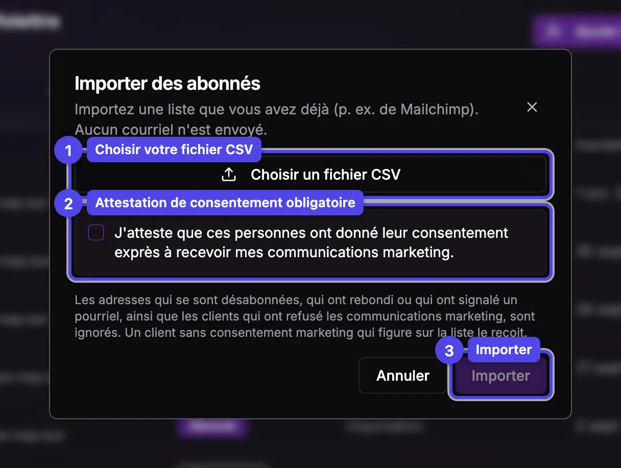 La fenêtre Importer des abonnés avec le bouton Choisir un fichier CSV, la case d'attestation du consentement et le bouton Importer